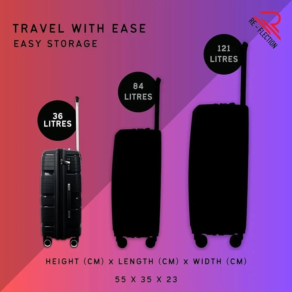 چمدان سایز کابین 20 اینچی پلی پروپیلن، چمدان چرخ دار مسافرتی سبک وزن با بدنه سخت و براق، ظرفیت ذخیره سازی 36 لیتری، 4 چرخ گردان و قفل TSA، مشکی