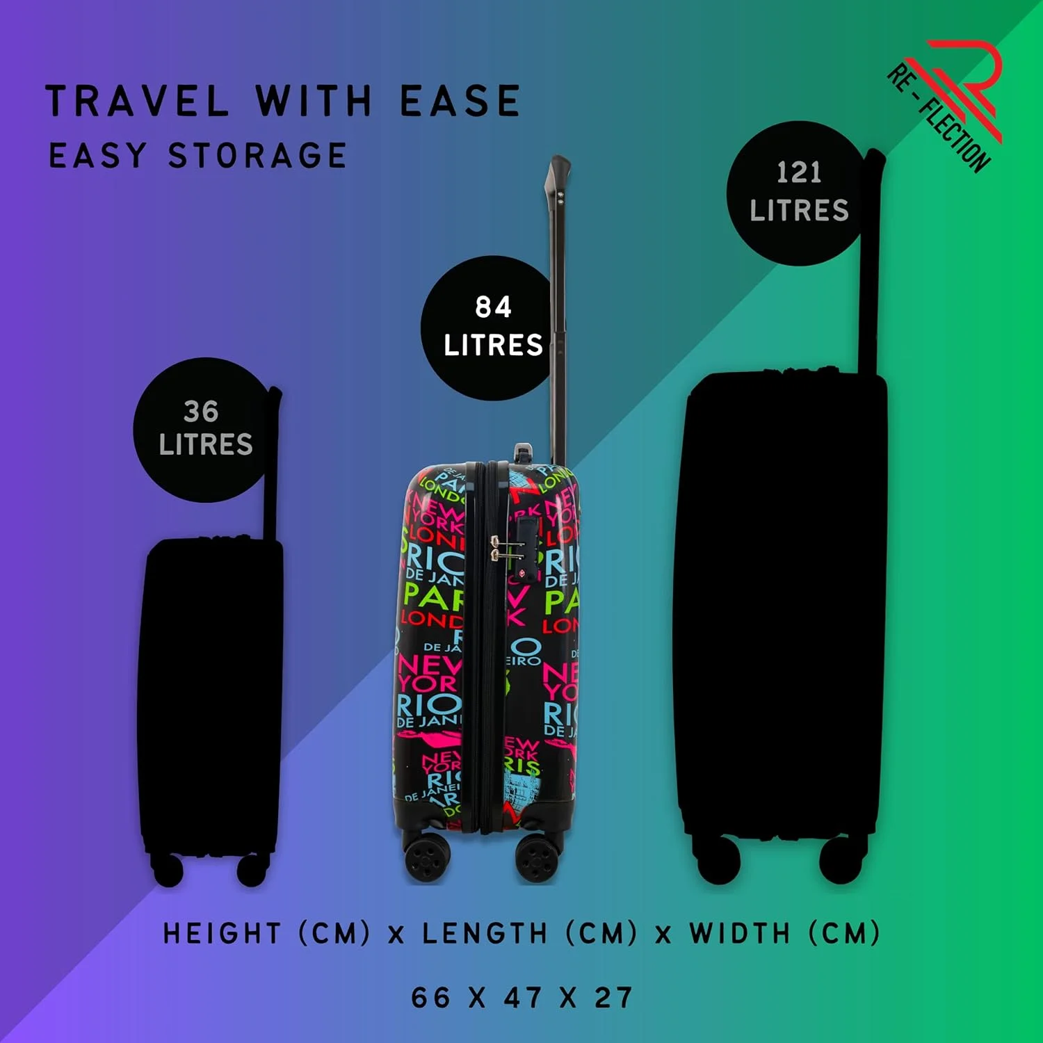 چمدان 24 اینچی ABS و پلی کربنات Re-flection، چمدان چرخ دار سبک وزن با طرح نمادین، ظرفیت ذخیره سازی 84 لیتری، 4 چرخ گردان و قفل TSA، چند رنگ