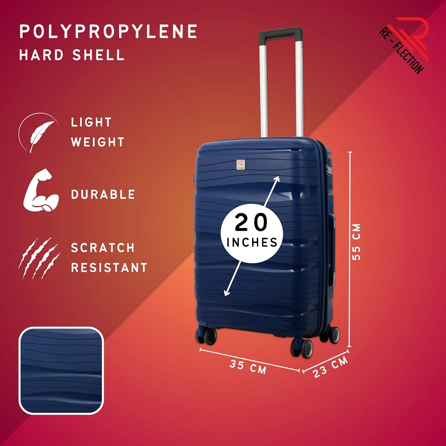 چمدان چرخدار پلی پروپیلن بازتابی، چمدان مسافرتی سبک وزن با بدنه سخت و خطوط براق، 4 چرخ گردان و قفل TSA