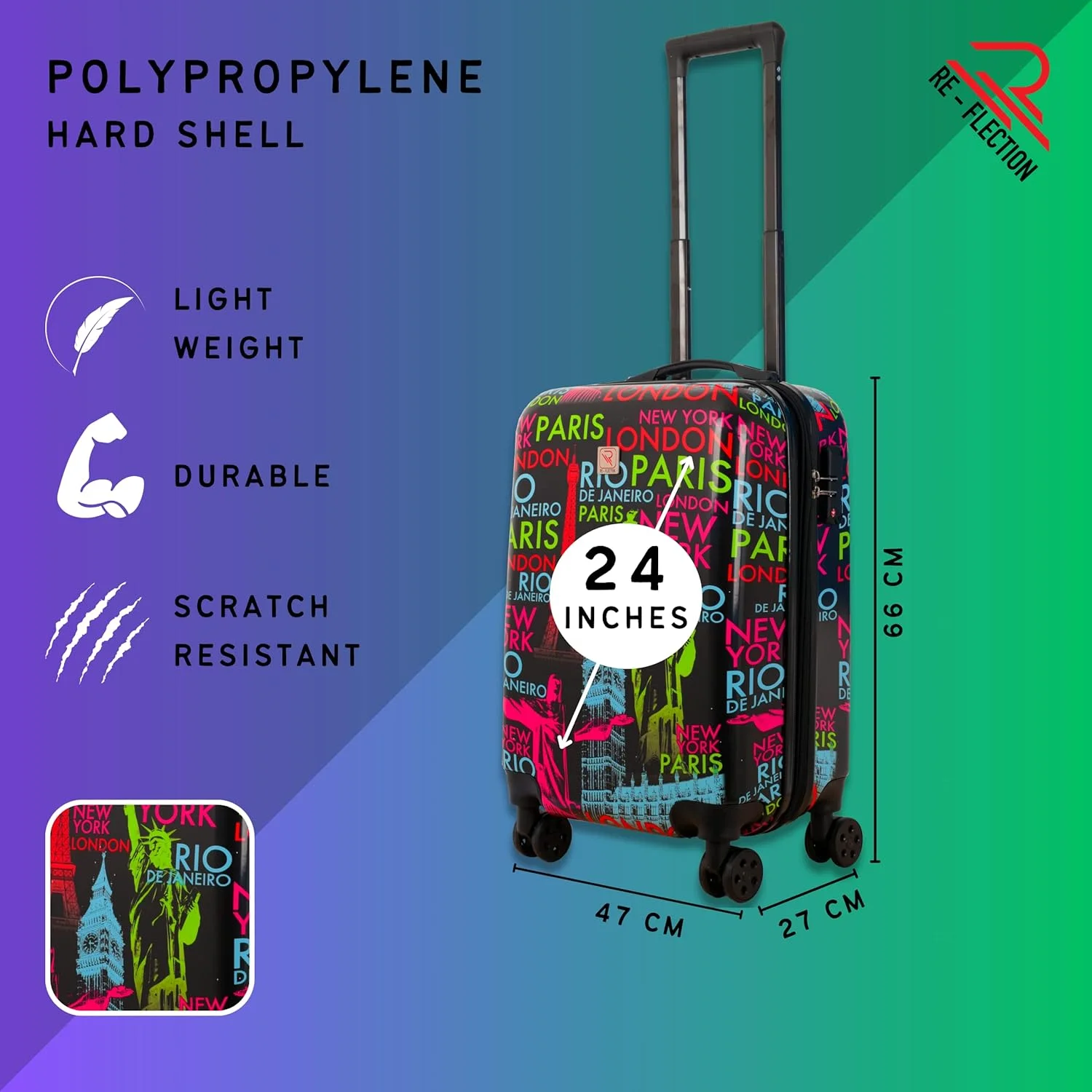 چمدان 24 اینچی ABS و پلی کربنات Re-flection، چمدان چرخ دار سبک وزن با طرح نمادین، ظرفیت ذخیره سازی 84 لیتری، 4 چرخ گردان و قفل TSA، چند رنگ