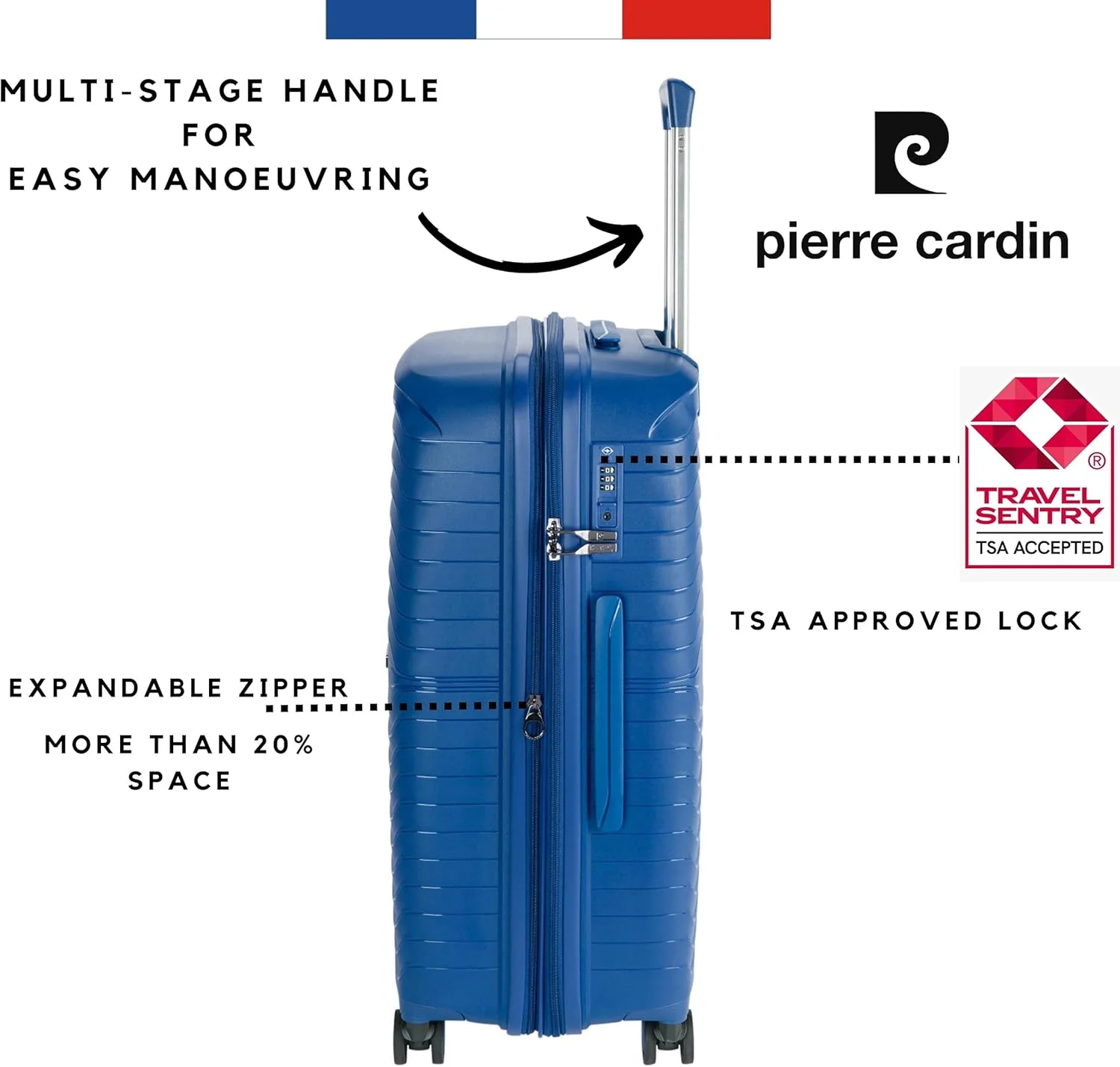 چمدان نشکن پیر کاردین، زیپ دوبل ضد سرقت با قفل مورد تایید TSA مناسب سفر، 4 چرخ دوبل بی صدا، زیپ افزایش فضا، چمدان یونی‌سکس (PC86313-3T سرمه ای)