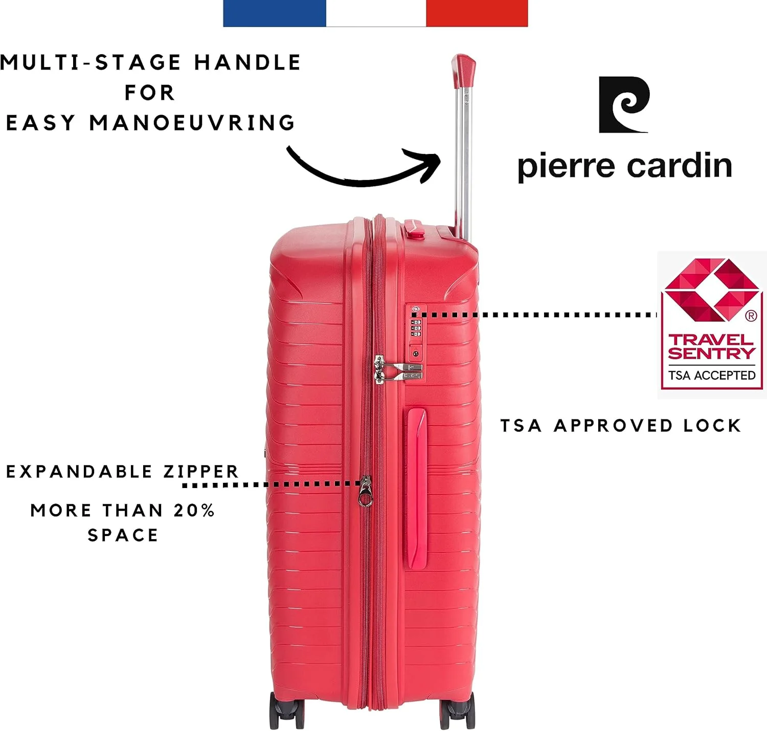 چمدان نشکن پیر کاردین، زیپ دوبل ضد سرقت با قفل مورد تایید TSA مناسب مسافرت، 4 چرخ دوبل بی صدا، زیپ افزایش فضا، چمدان مناسب همه (PC86313-3T قرمز)
