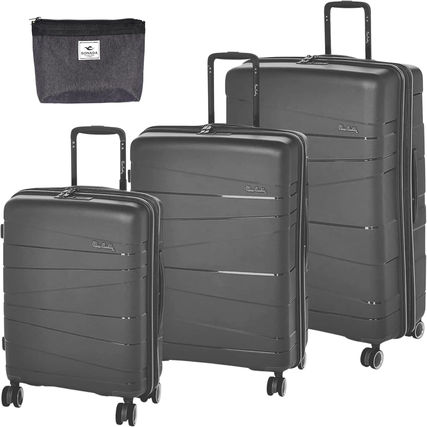 چمدان نشکن پیر کاردین مدل زوریخ مناسب مسافرت، قفل بین المللی، دارای زیپ دوبل ضد سرقت (طوسی تیره، ست 3 عددی)