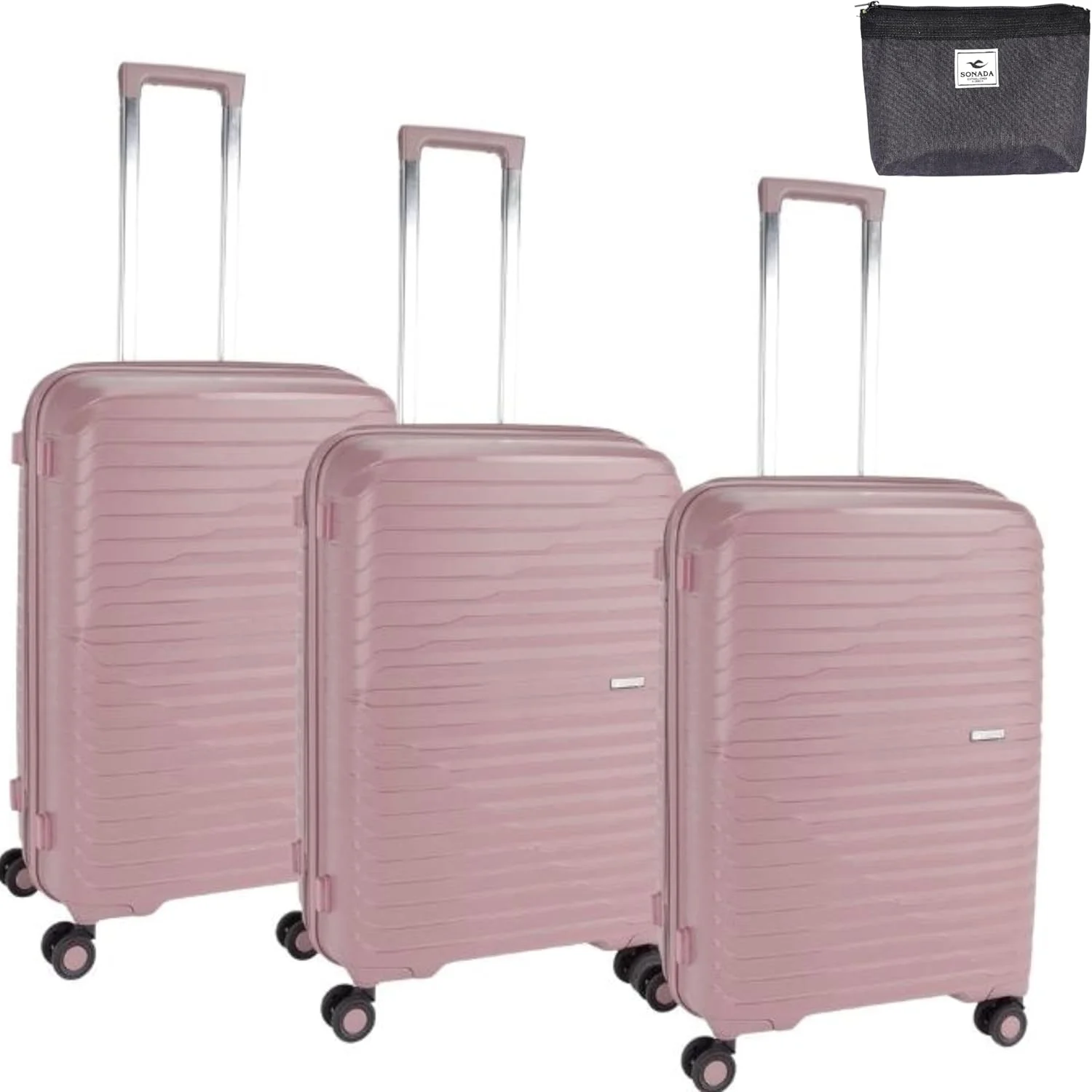 چمدان نشکن پیر کاردین، زیپ دوبل ضد سرقت با قفل مورد تایید TSA مناسب سفر، 4 چرخ دوبل سایلنت، زیپ افزایش فضا، چمدان یونی‌سکس (PC86313-3T رزگلد)