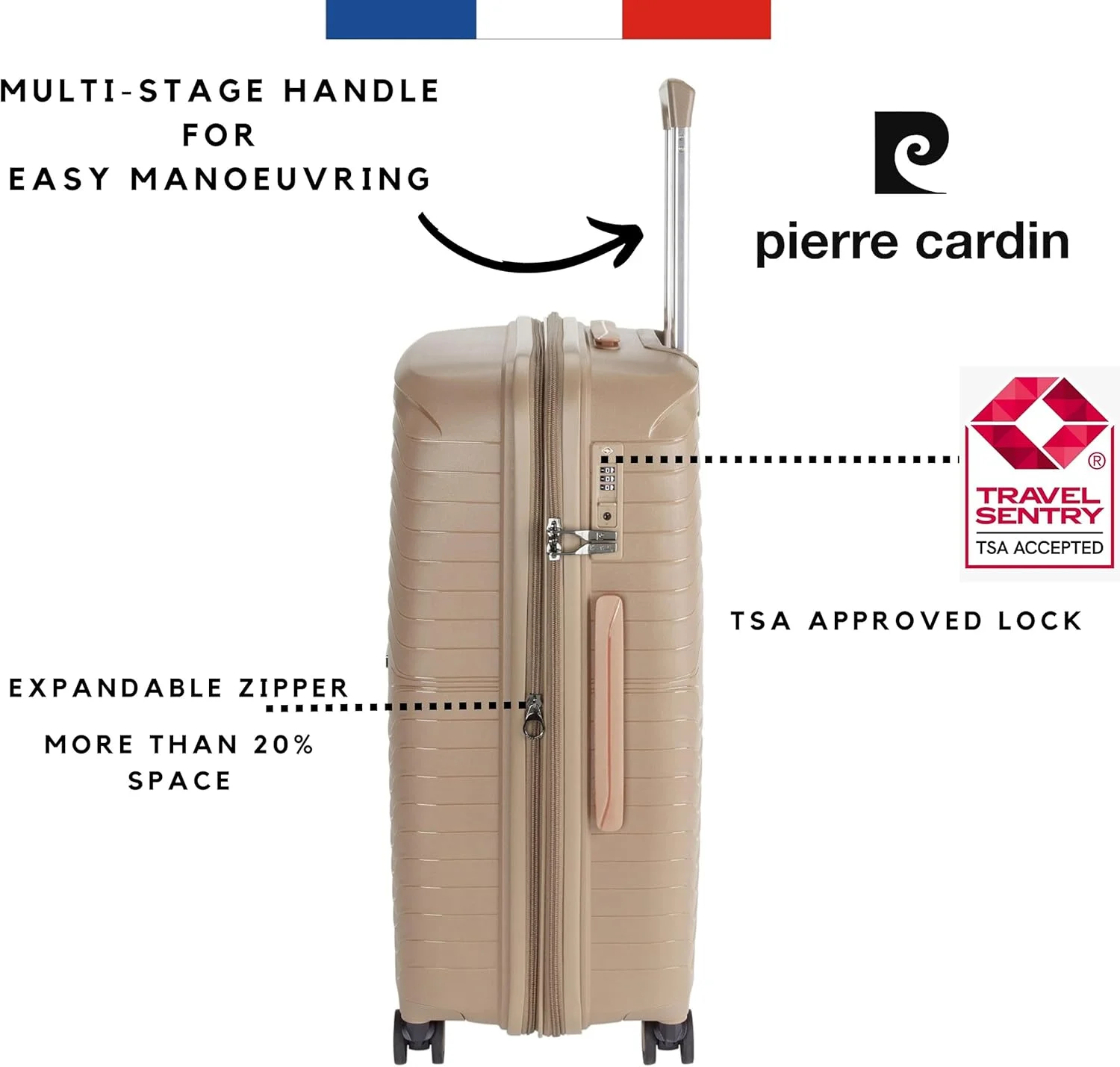 چمدان نشکن پیر کاردین، زیپ دوبل ضد سرقت با قفل مورد تایید TSA برای مسافرت، 4 چرخ دوبل بی صدا، زیپ افزایش فضا، چمدان مناسب برای همه (PC86313-3T شامپاین)