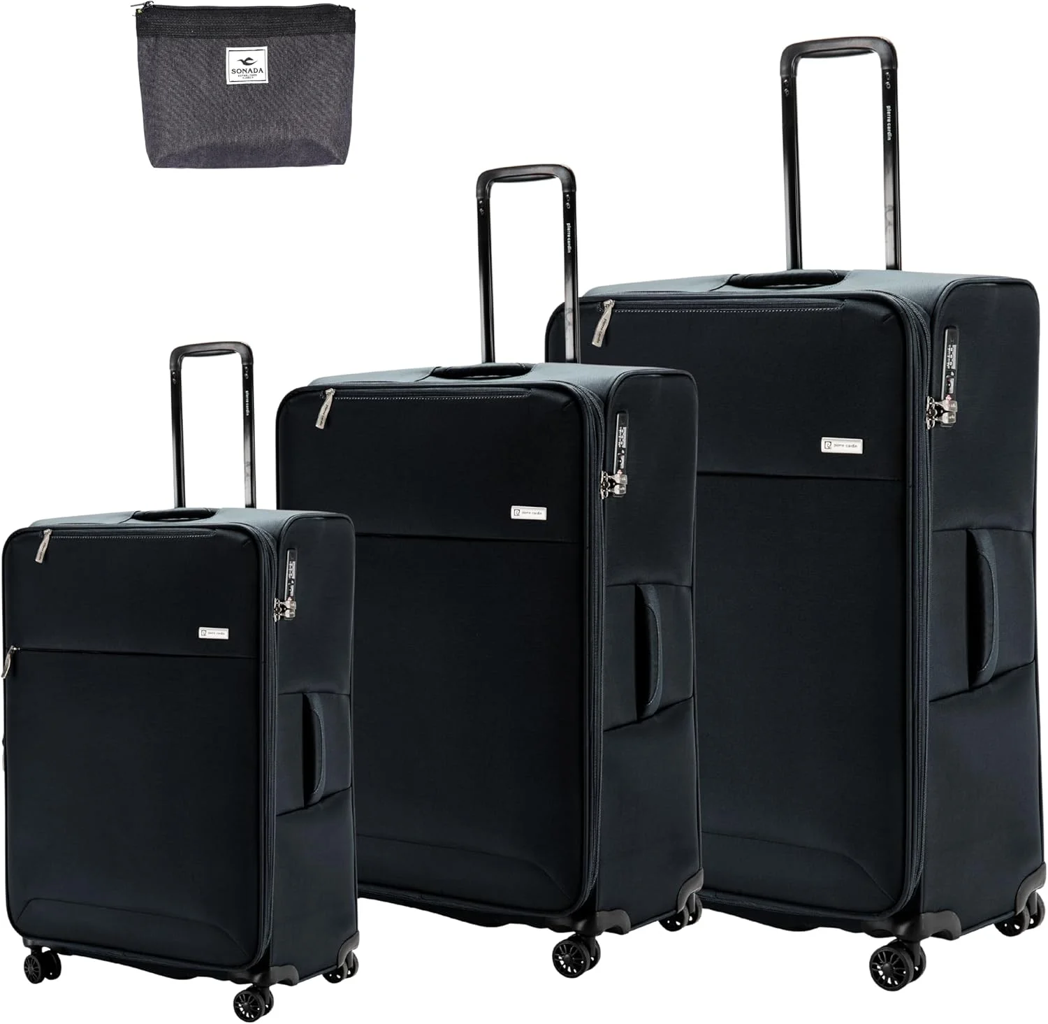 ست چمدان 3 تکه پیر کاردین، جنس سبک و بادوام، قفل TSA، چمدان مسافرتی یونیسکس (مشکی)