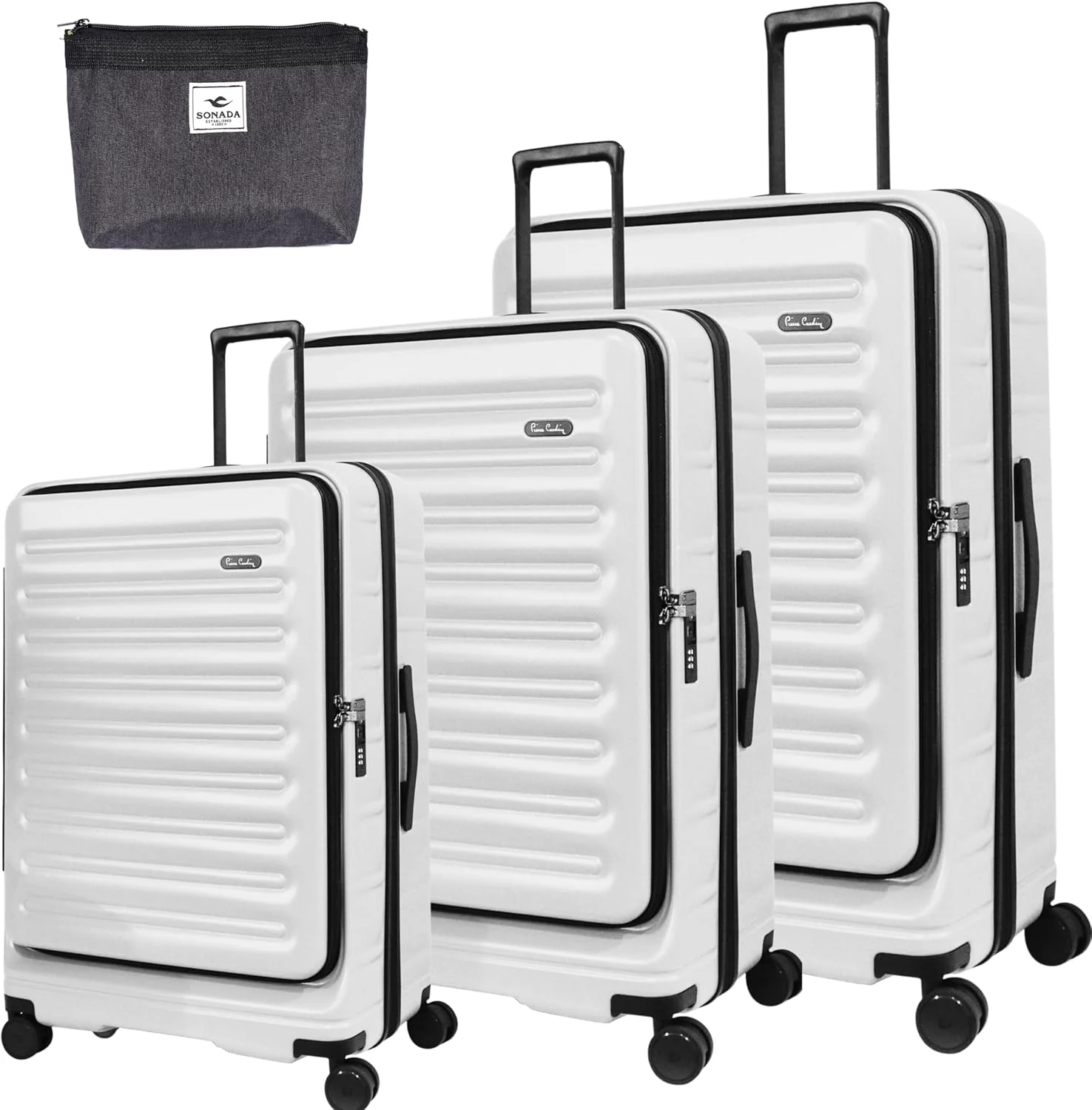 چمدان پیر کاردین با زیپ جلویی، چمدان سخت و سبک وزن برای مسافرت، دارای قفل TSA، زیپ دوبل ضد سرقت (سفید، ست 3 عددی)