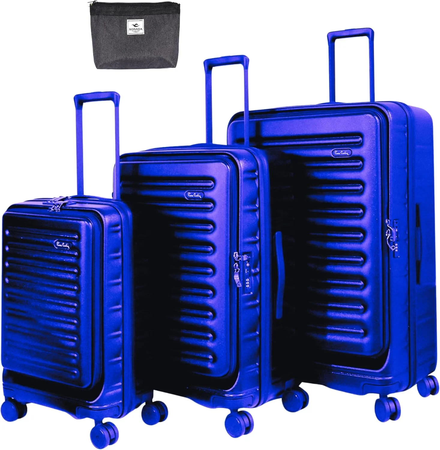 چمدان پیر کاردین با زیپ جلویی، چمدان سبک وزن و سخت برای مسافرت، دارای تاییدیه TSA، زیپ دوبل ضد سرقت (سرمه ای، ست 3 عددی)