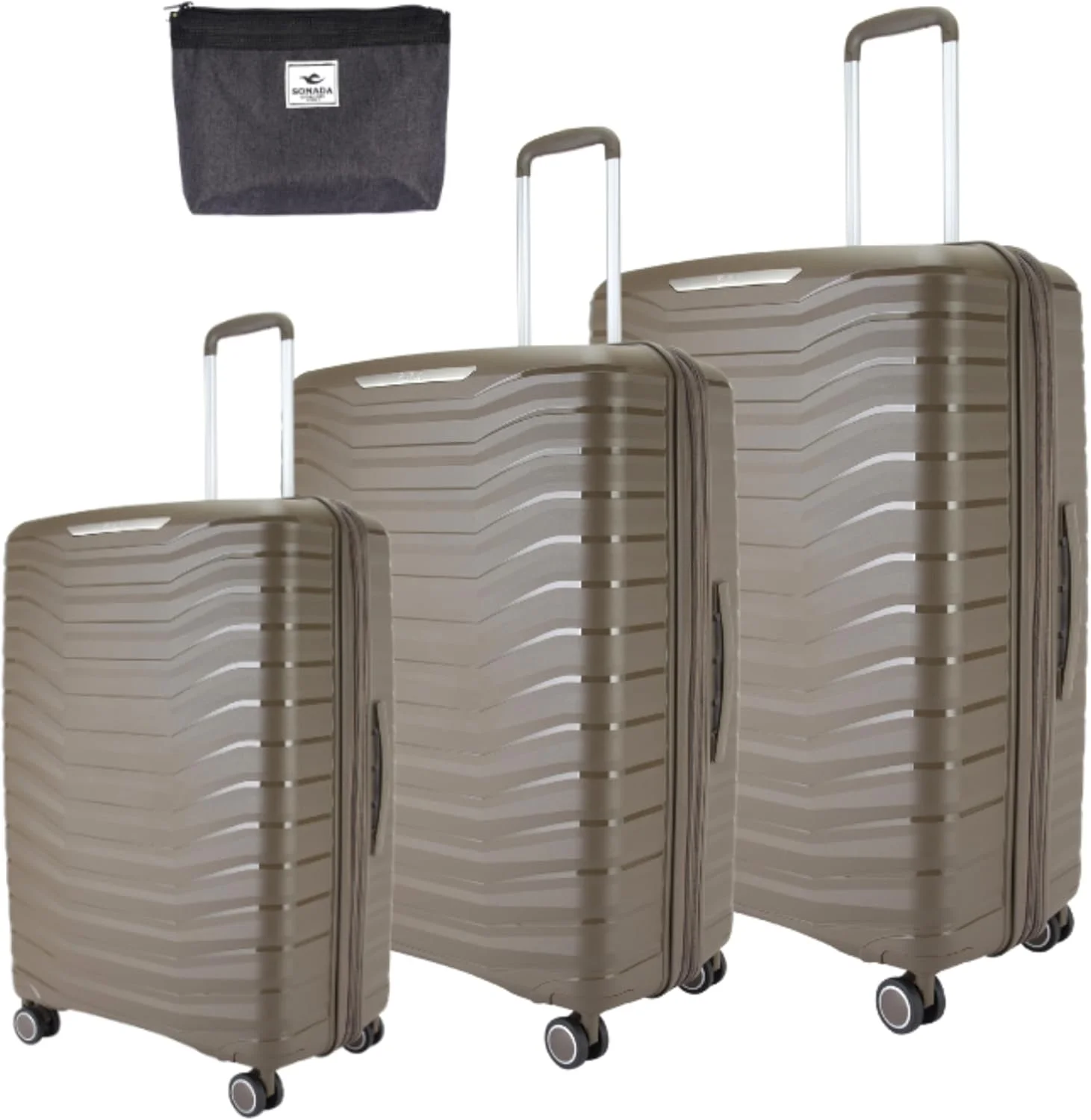 چمدان سبک وزن پیر کاردین مناسب سفر، چمدان نشکن، 4 چرخ گردان. ست 3 عددی (خاکی)