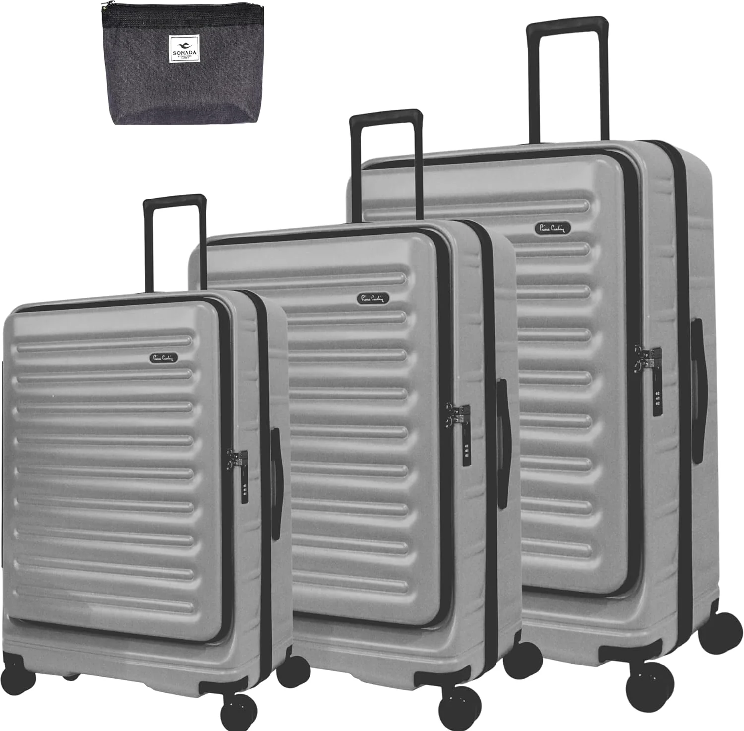 چمدان پیر کاردین با زیپ جلویی، چمدان سخت و سبک وزن برای مسافرت، دارای قفل TSA و زیپ دوبل ضد سرقت (خاکستری، ست 3 عددی)