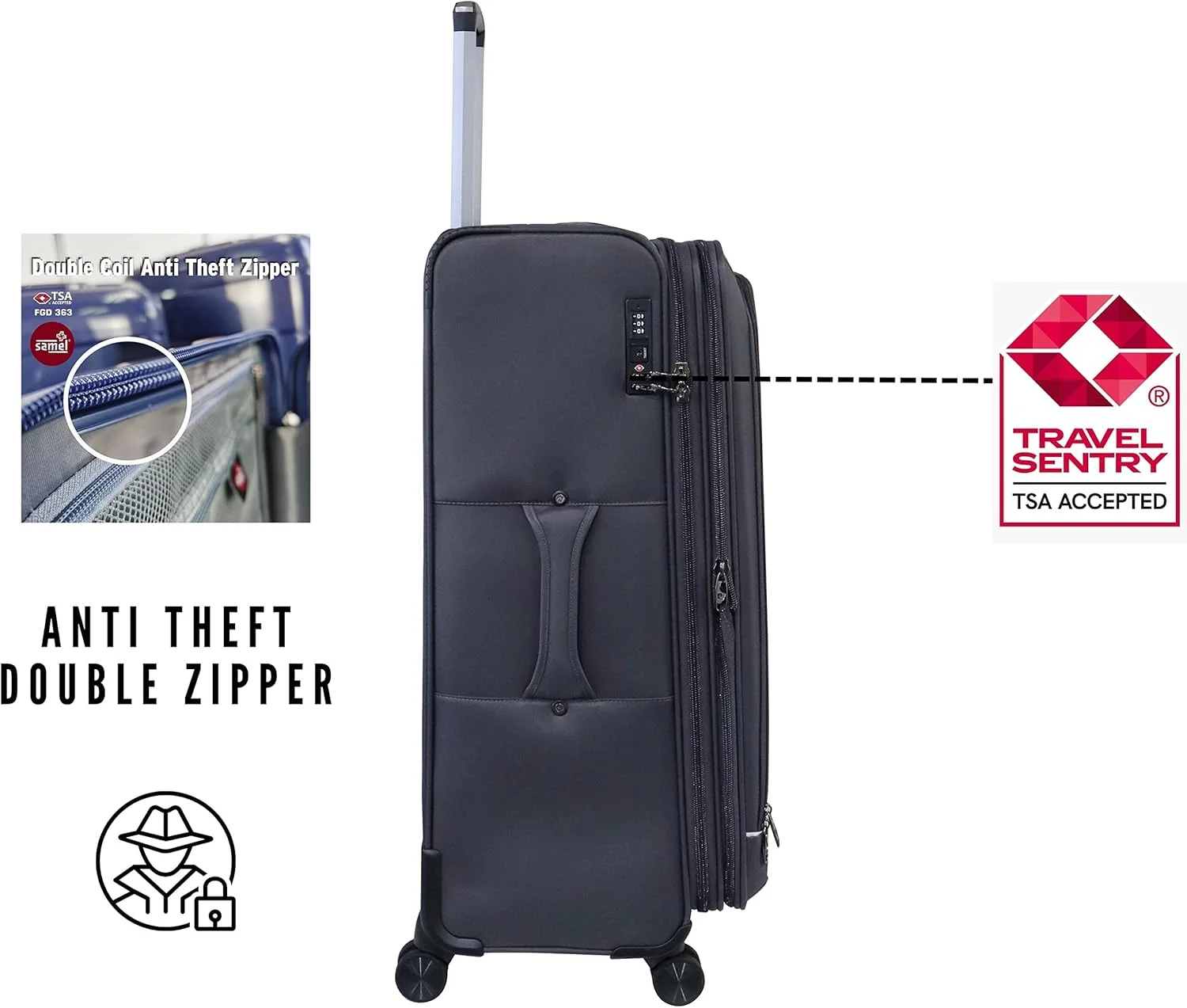 چمدان سبک وزن پیر کاردین مناسب سفر، دارای قفل TSA، زیپ دوبل ضد سرقت، 4 چرخ دوبل، مجموعه Gallen (چمدان سایز بزرگ 28 اینچ، مشکی)