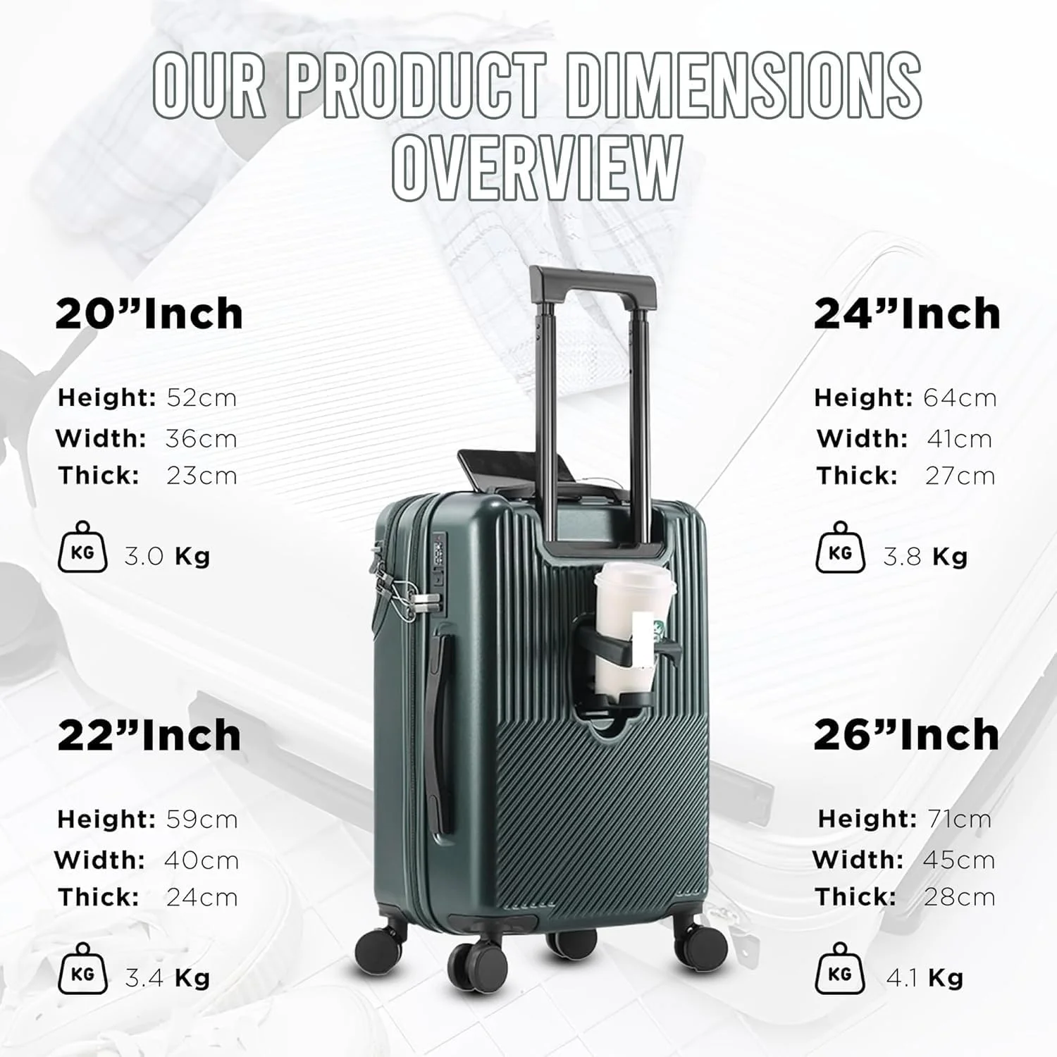 چمدان کابین سایز قابل افزایش PICCASIO™ برای مسافرت - چمدان سخت با جیب لپ‌تاپ، پورت USB، قفل مورد تایید TSA و چرخ‌های گردان 360 درجه