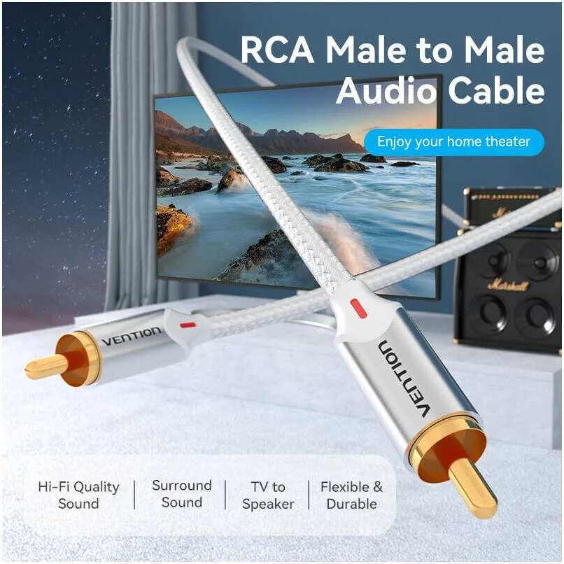 کابل صوتی RCA ونشن با روکش بافته شده پنبه‌ای، نر به نر، قطر خارجی 3.5 میلی‌متر، سیم 29AWG، رابط با روکش طلا، رسانای مسی لعاب‌دار، پوسته آلیاژ آلومینیوم، طول 10 متر، نقره‌ای | BCRIL