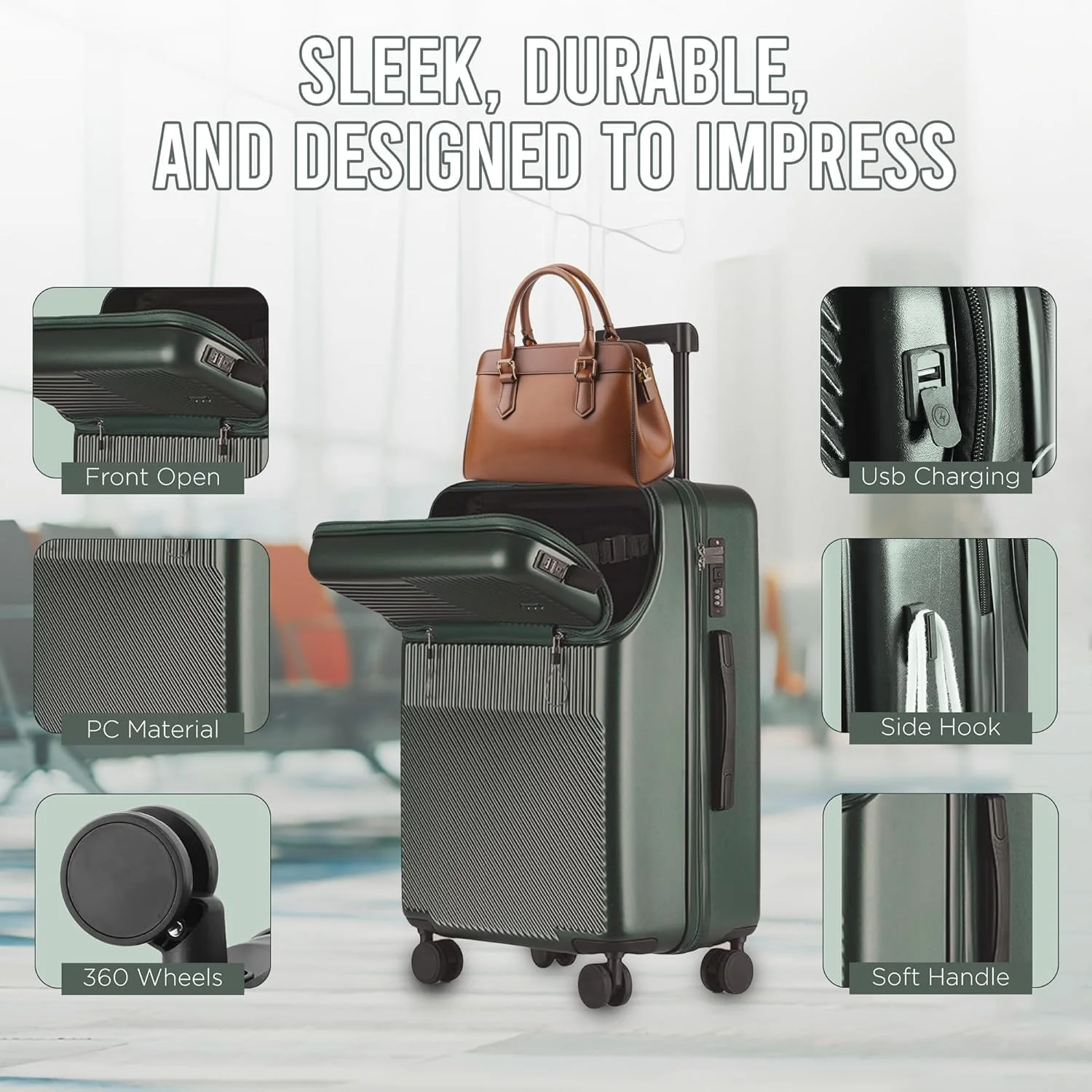 چمدان کابین سایز قابل افزایش PICCASIO™ برای مسافرت - چمدان سخت با جیب لپ‌تاپ، پورت USB، قفل مورد تایید TSA و چرخ‌های گردان 360 درجه