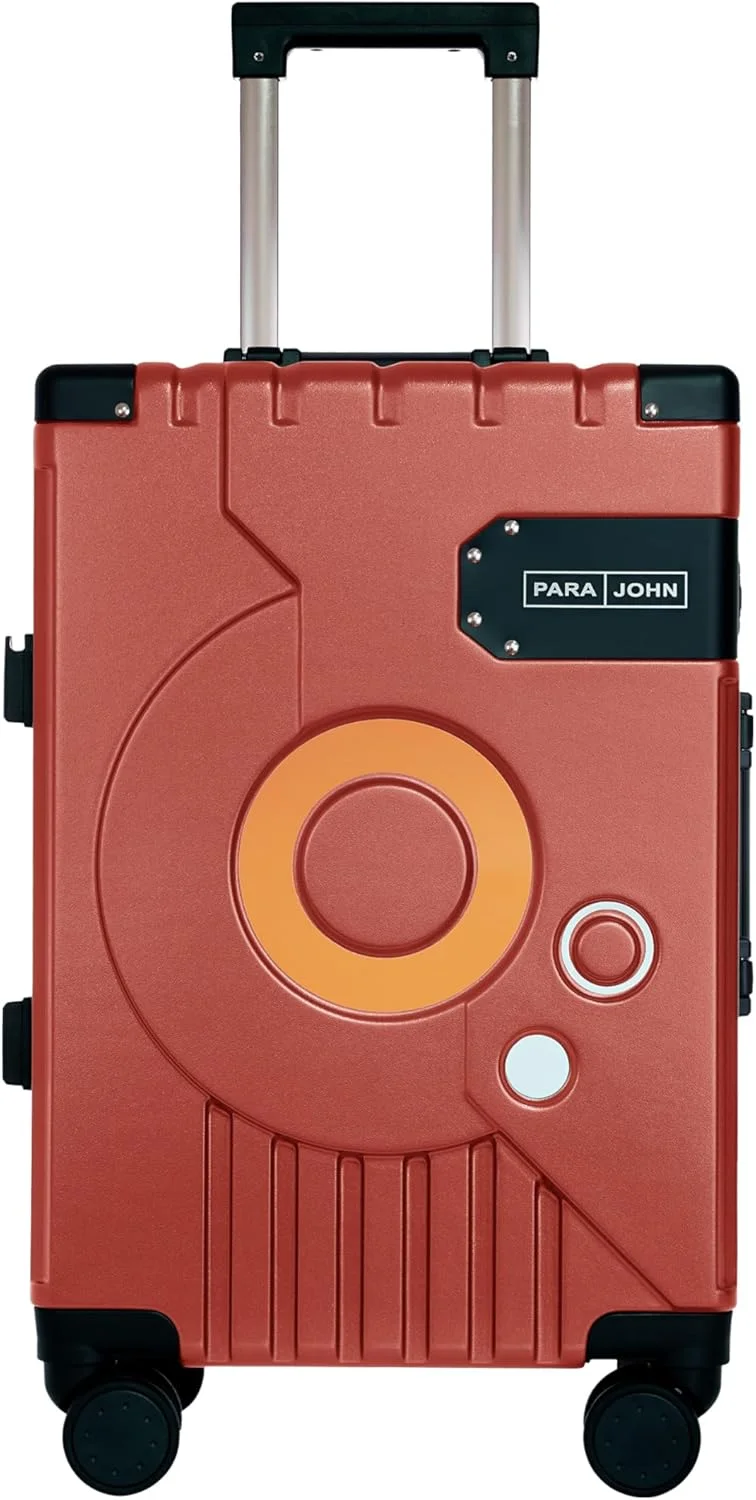 چمدان کابین پاراجان مناسب بزرگسالان با دسته خود-بازگشتی و چرخ های اسپینر، طراحی منحصر به فرد طرح صفحه گرامافون، سایز 20 اینچ، قرمز متالیک