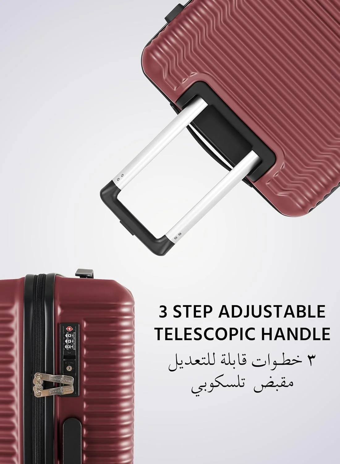 ست چمدان 3 تکه درجه یک Parajohn مناسب بزرگسالان: پوسته ABS + PC شیک، حرکت روان با 8 چرخ گردان - قرمز شرابی
