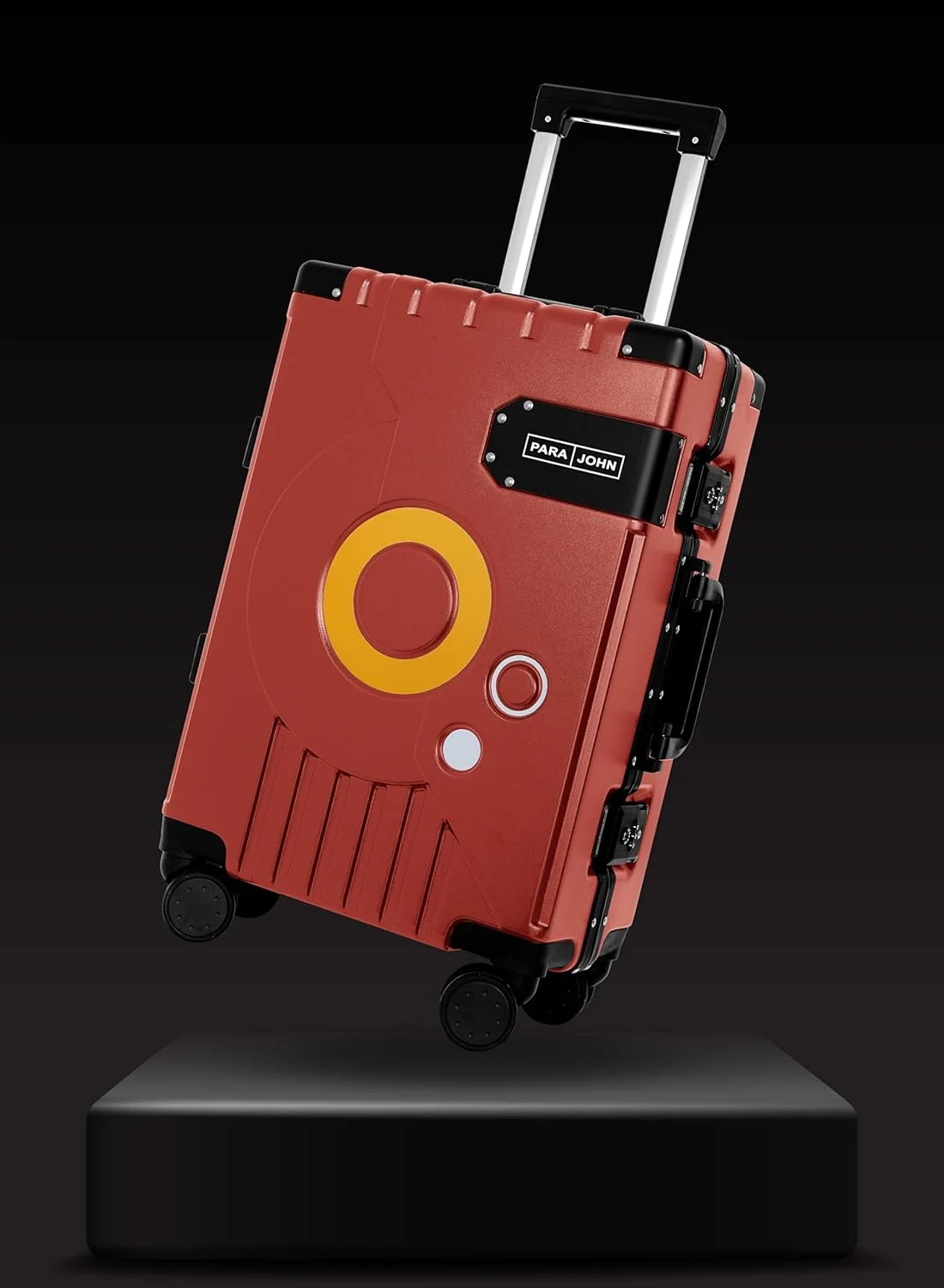 چمدان کابین پاراجان مناسب بزرگسالان با دسته خود-بازگشتی و چرخ های اسپینر، طراحی منحصر به فرد طرح صفحه گرامافون، سایز 20 اینچ، قرمز متالیک