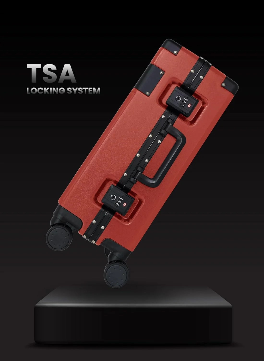 چمدان کابین پاراجان مناسب بزرگسالان با دسته خود-بازگشتی و چرخ های اسپینر، طراحی منحصر به فرد طرح صفحه گرامافون، سایز 20 اینچ، قرمز متالیک