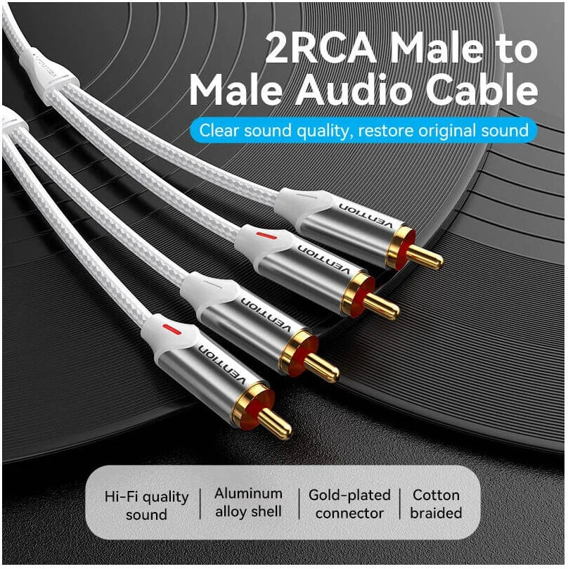 کابل صوتی 2RCA نر به نر با روکش بافته شده پنبه ای Vention، قطر خارجی 3.5 میلی متر، 29AWG، رابط با روکش طلا، رسانای مسی لعاب دار، پوسته آلیاژ آلومینیوم، طول 1 متر، نقره ای | BCQIF