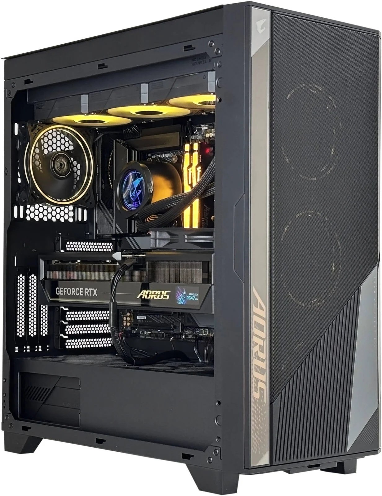 کامپیوتر گیمینگ AORUS GT - پردازنده AMD Ryzen 9 9950X3D با 16 هسته و 32 رشته، کارت گرافیک NVIDIA RTX 5090 با 32 گیگابایت حافظه، 64 گیگابایت رم DDR5 با فرکانس 6000 مگاهرتز، 2 ترابایت SSD Gen 5، منبع تغذیه 850W 80 Plus، خنک کننده مایع 360 میلی متری، Wi-Fi + BT