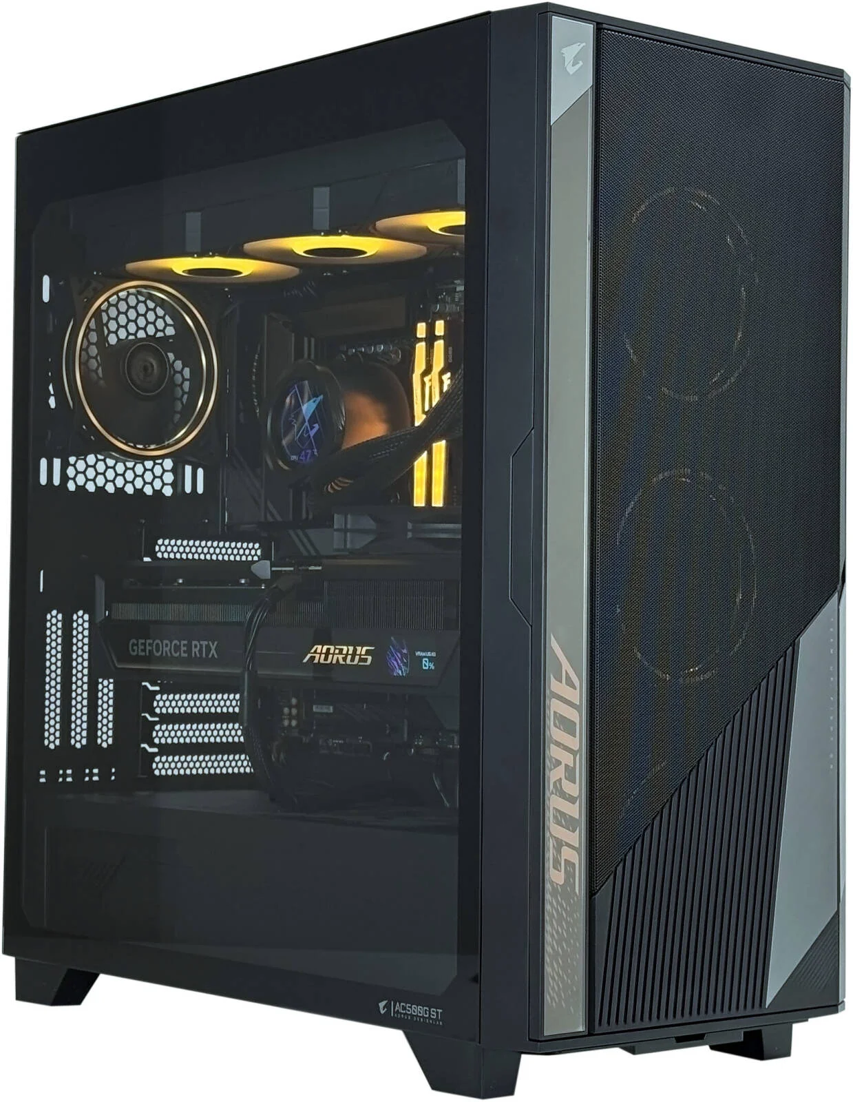 کامپیوتر گیمینگ AORUS GT - پردازنده AMD Ryzen 9 9950X3D با 16 هسته و 32 رشته، کارت گرافیک NVIDIA RTX 5090 با 32 گیگابایت حافظه، 64 گیگابایت رم DDR5 با فرکانس 6000 مگاهرتز، 2 ترابایت SSD Gen 5، منبع تغذیه 850W 80 Plus، خنک کننده مایع 360 میلی متری، Wi-Fi + BT