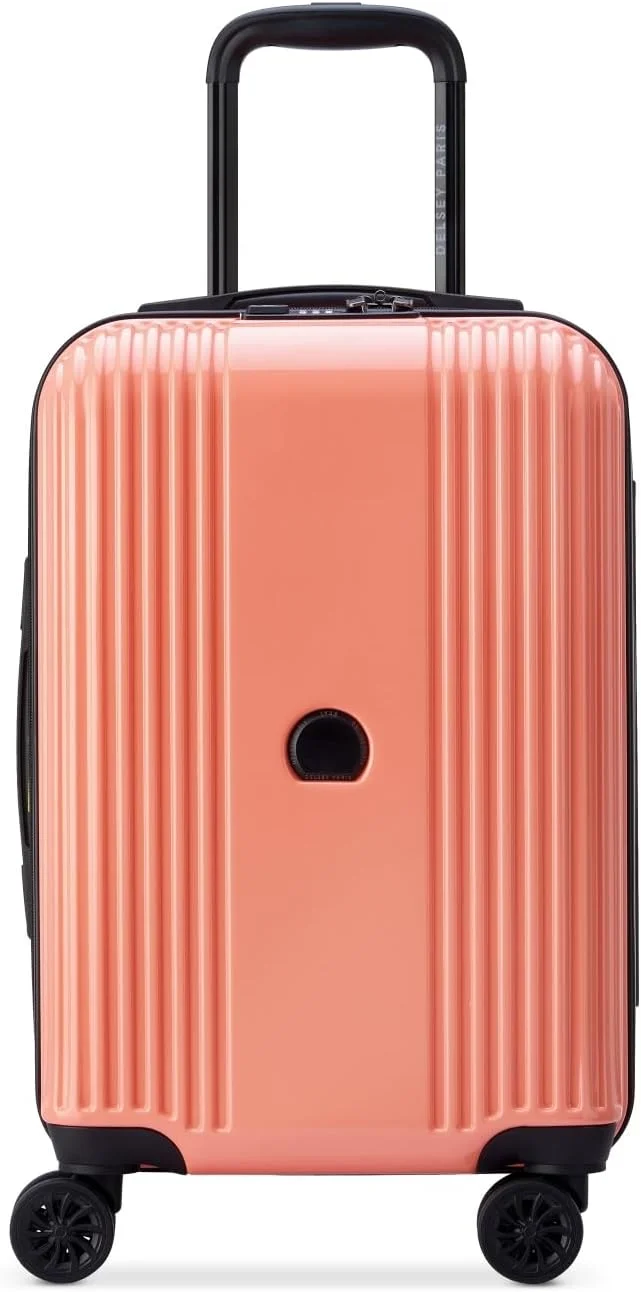 چمدان کابین سایز اُفِلی با ابعاد ۵۵ سانتی متر، ۴ چرخ دوبل، رنگ صورتی مرجانی - براق