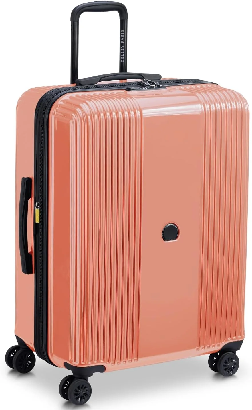 چمدان چرخ‌دار دلسی Ophelie سایز 70 سانتی‌متر، بدنه سخت، 4 چرخ دوبل، قابل افزایش حجم، مناسب برای تحویل بار، صورتی براق
