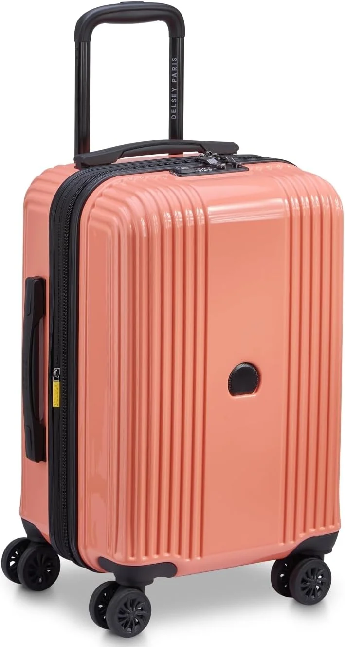 چمدان کابین سایز اُفِلی با ابعاد ۵۵ سانتی متر، ۴ چرخ دوبل، رنگ صورتی مرجانی - براق