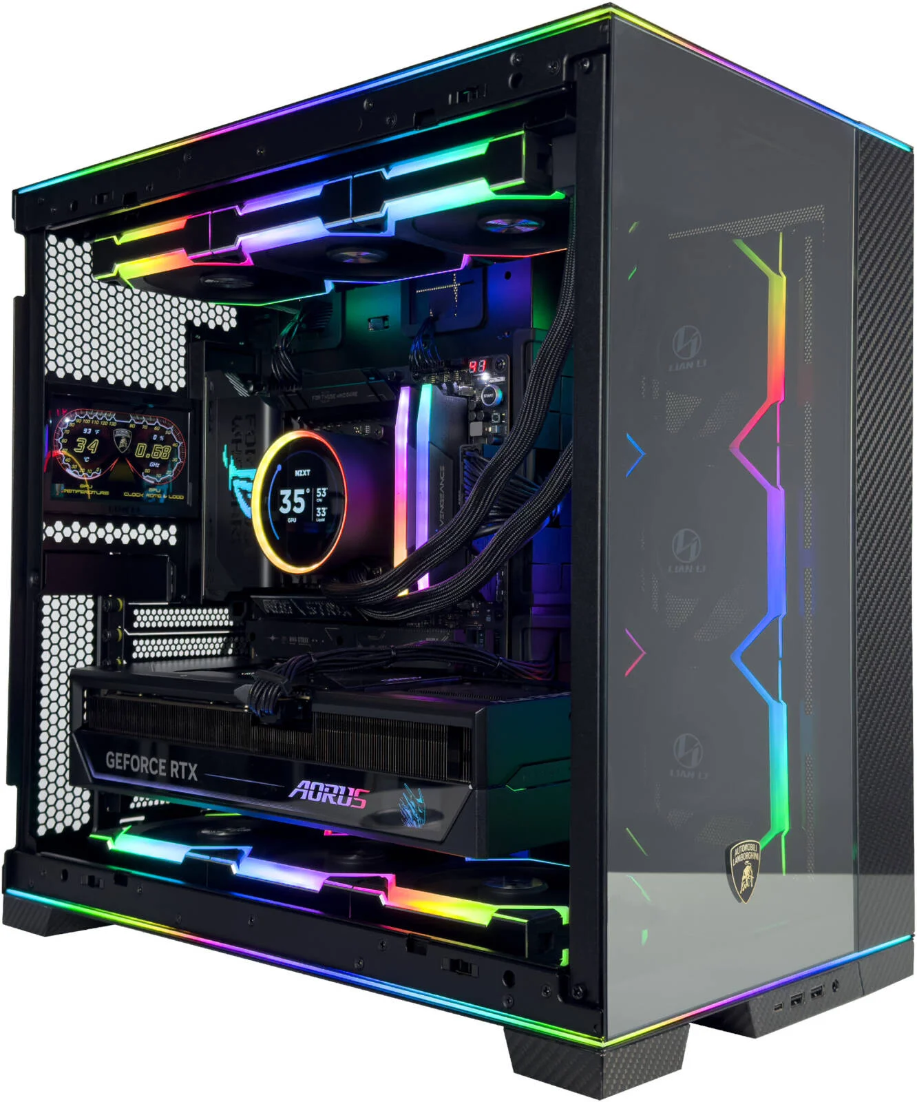 کامپیوتر گیمینگ آونتادور X - پردازنده Intel Core Ultra 9 285K با 24 هسته و 24 رشته، NVIDIA RTX 5090 با 32 گیگابایت حافظه، 64 گیگابایت رم DDR5 با فرکانس 6000 مگاهرتز، 2 ترابایت SSD Gen 5، منبع تغذیه 1200W Gold، خنک کننده مایع 360 میلی متری، Wi-Fi + BT، ویندوز 11 پرو