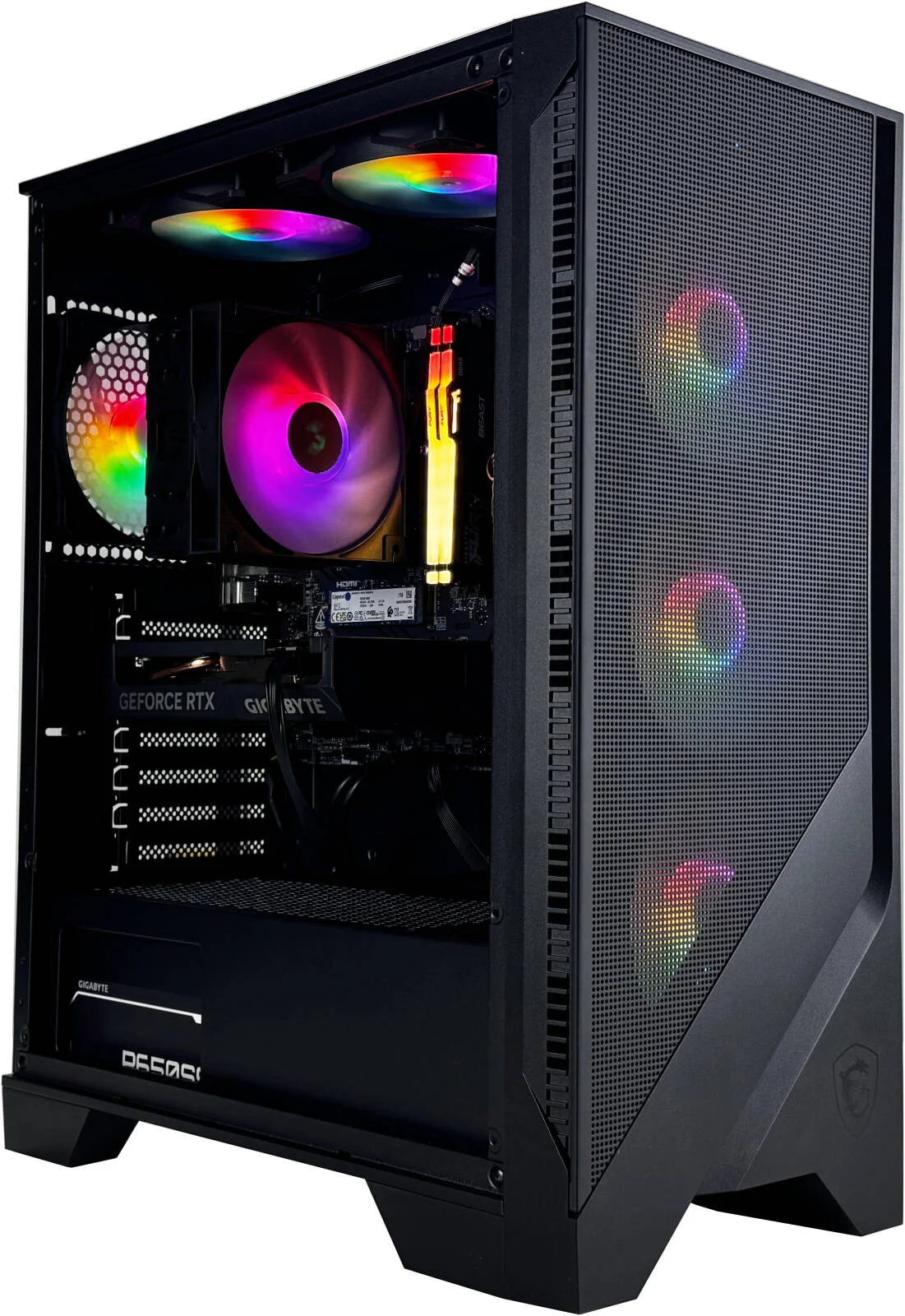 کامپیوتر گیمینگ BitStorm - پردازنده AMD Ryzen 5 8400F با 6 هسته و 12 رشته، کارت گرافیک NVIDIA RTX 5060 با 8 گیگابایت حافظه، 16 گیگابایت رم DDR5 با فرکانس 5600 مگاهرتز، 1 ترابایت SSD Gen 4، منبع تغذیه 650 وات 80 PLUS، خنک کننده پردازنده تک برجی