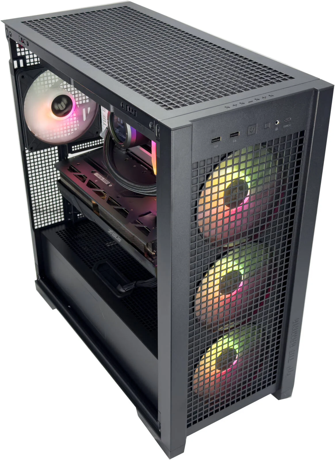 کامپیوتر گیمینگ BlackFury - پردازنده AMD Ryzen 7 7800X3D با 8 هسته و 16 رشته، کارت گرافیک NVIDIA RTX 5080 با 16 گیگابایت حافظه، 32 گیگابایت رم DDR5 با فرکانس 6000 مگاهرتز، 1 ترابایت SSD Gen 4، منبع تغذیه 850 وات، خنک کننده مایع 360 میلی متری، Wi-Fi + BT