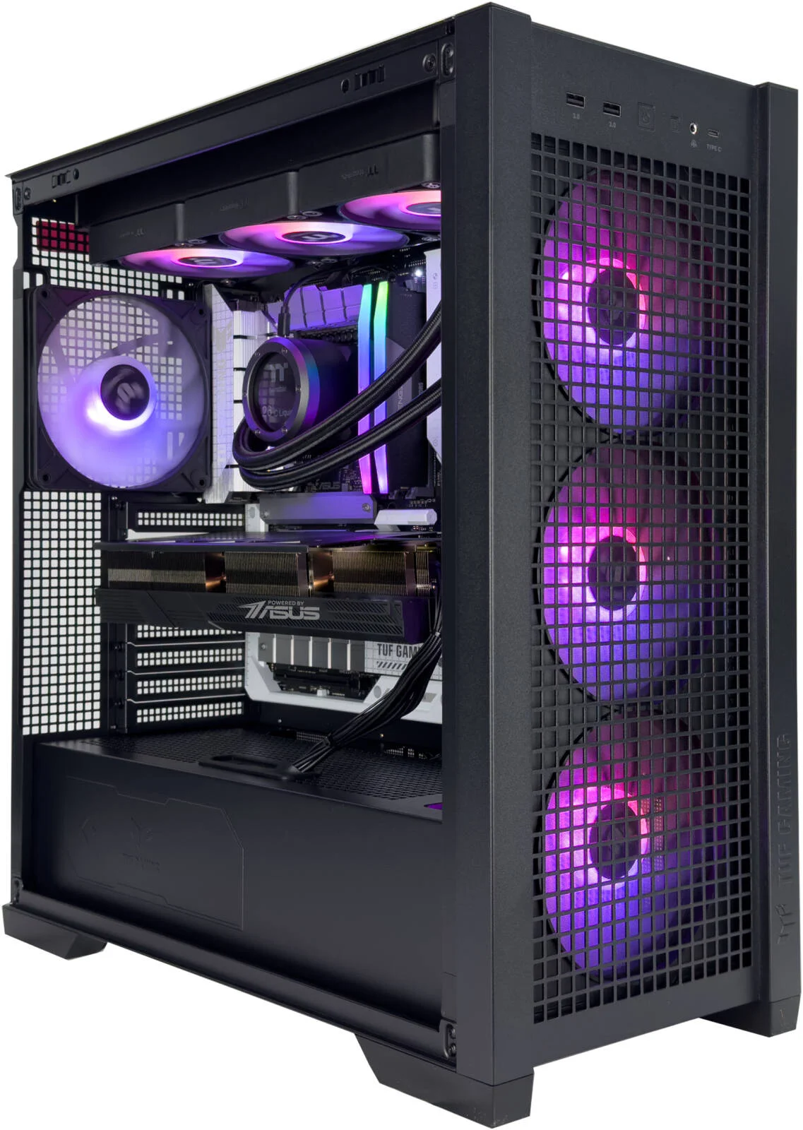 کامپیوتر گیمینگ BlackFury - پردازنده Intel Core i7-14700KF با 20 هسته و 28 رشته، کارت گرافیک NVIDIA RTX 5080 با 16 گیگابایت حافظه، 32 گیگابایت رم DDR5 با فرکانس 6000 مگاهرتز، 1 ترابایت SSD Gen 4، منبع تغذیه 850 وات، خنک کننده مایع 360 میلی متری، Wi-Fi + BT