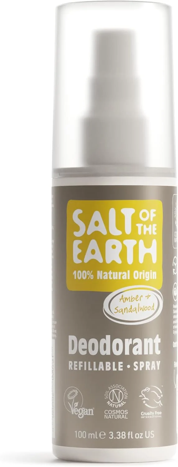 اسپری دئودورانت طبیعی قابل شارژ مجدد Salt of the Earth - وگان و بدون تست حیوانی - دارای گواهی 100% مواد اولیه طبیعی - مناسب برای آقایان، بانوان و کودکان - عنبر و چوب صندل - 100 میلی لیتر