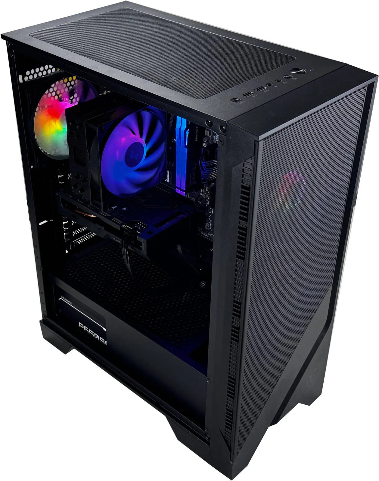 کامپیوتر گیمینگ CoreBlaster - پردازنده Intel Core i5-14400F با 10 هسته و 16 رشته، کارت گرافیک AMD Radeon RX 7800 XT با 16 گیگابایت حافظه، 16 گیگابایت رم DDR5 با فرکانس 5600 مگاهرتز، 1 ترابایت SSD Gen 4، منبع تغذیه 850W 80 PLUS، خنک کننده پردازنده تک برج، Wi-Fi + BT