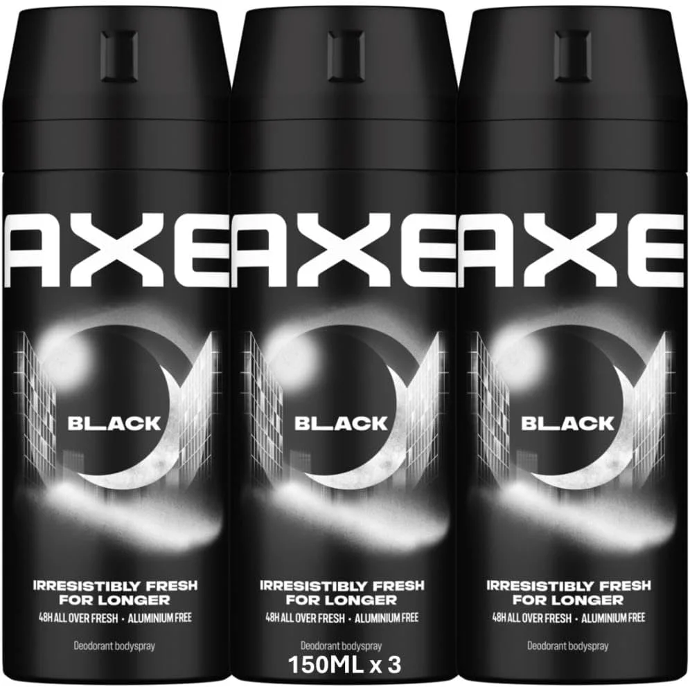 اسپری خوشبو کننده بدن مردانه AXE، طراوت بی نظیر برای مدت طولانی تر، مشکی، طراوت 48 ساعته، بدون آلومینیوم، 150 میلی لیتر x 3