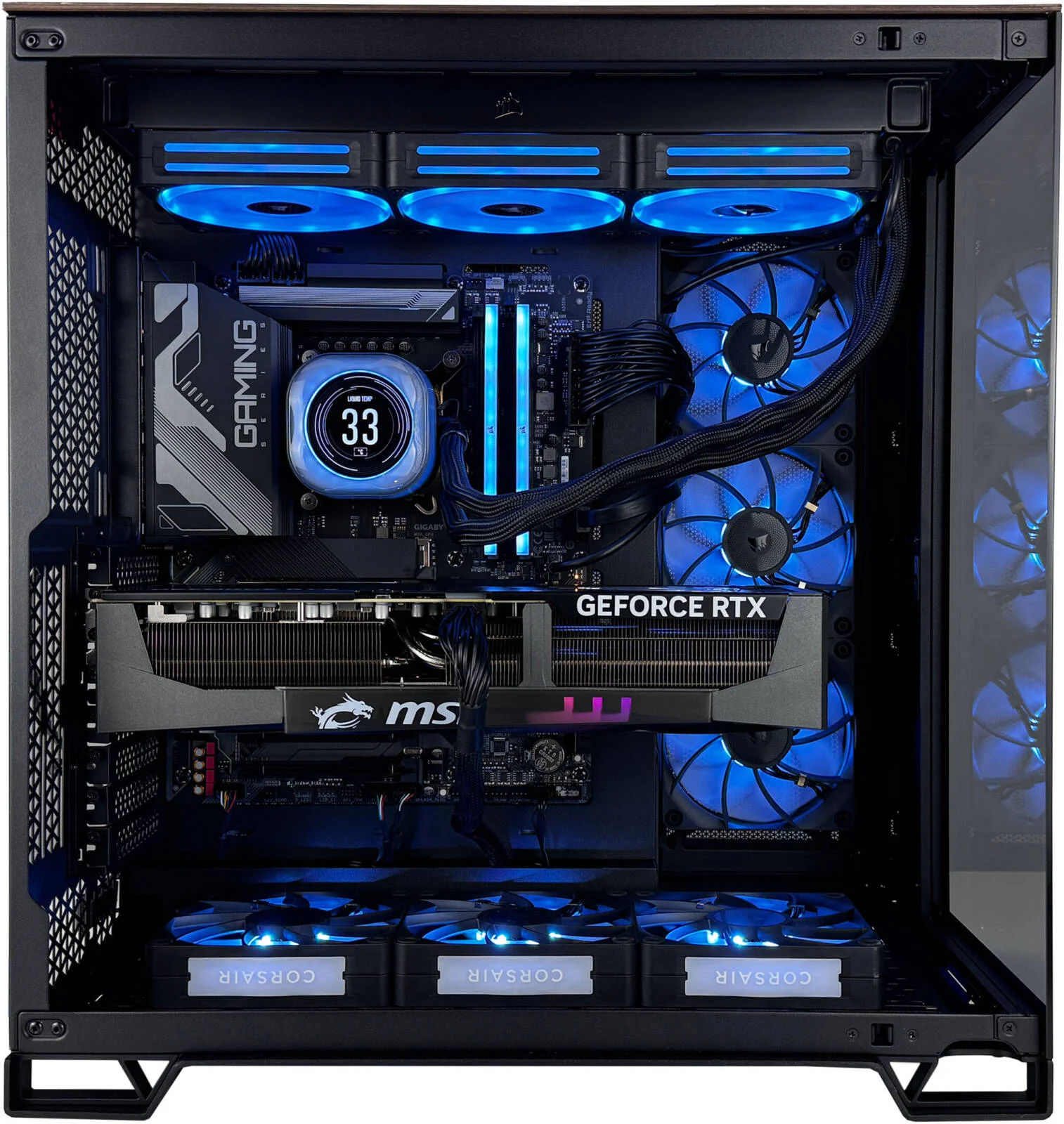 کامپیوتر گیمینگ سایبر استرایک - پردازنده Intel Core i9-14900K با 24 هسته و 32 رشته، کارت گرافیک NVIDIA RTX 5090 با 32 گیگابایت حافظه، 64 گیگابایت رم DDR5 با فرکانس 6000 مگاهرتز، 1 ترابایت SSD نسل 5، منبع تغذیه 1000 وات 80 PLUS، خنک کننده مایع 360 میلی متری، Wi-Fi + BT