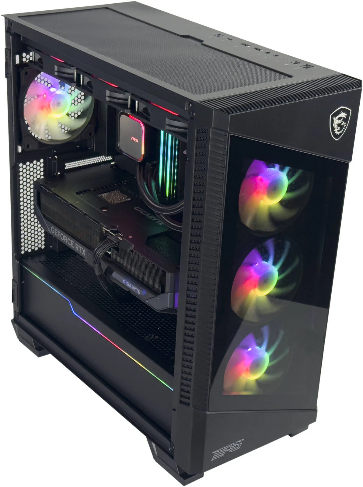 کامپیوتر گیمینگ DarkMatter X - پردازنده Intel Core i9-14900KF با 24 هسته و 32 رشته، کارت گرافیک NVIDIA RTX 5090 با 32 گیگابایت حافظه، 64 گیگابایت رم DDR5 با فرکانس 6000 مگاهرتز CL30، 1 ترابایت SSD Gen 4، منبع تغذیه 1000 وات، خنک کننده مایع 360 میلی متری، Wi-Fi + BT، ویندوز 11 پرو