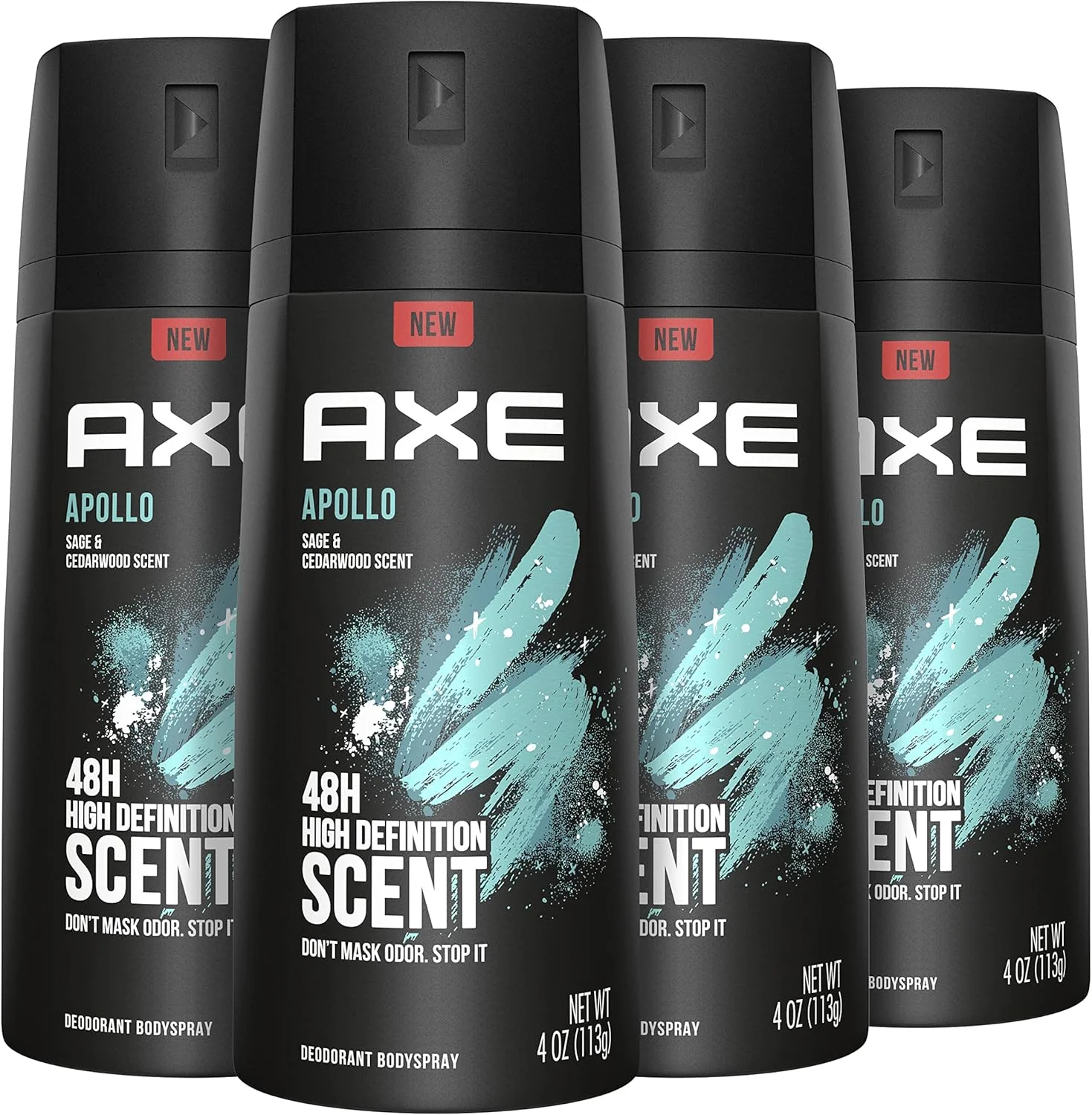 اسپری بدن مردانه AXE Apollo برای محافظت طولانی مدت در برابر بو، خوشبو کننده بدن با رایحه مریم گلی و چوب سدر بدون آلومینیوم 4oz بسته 4 عددی