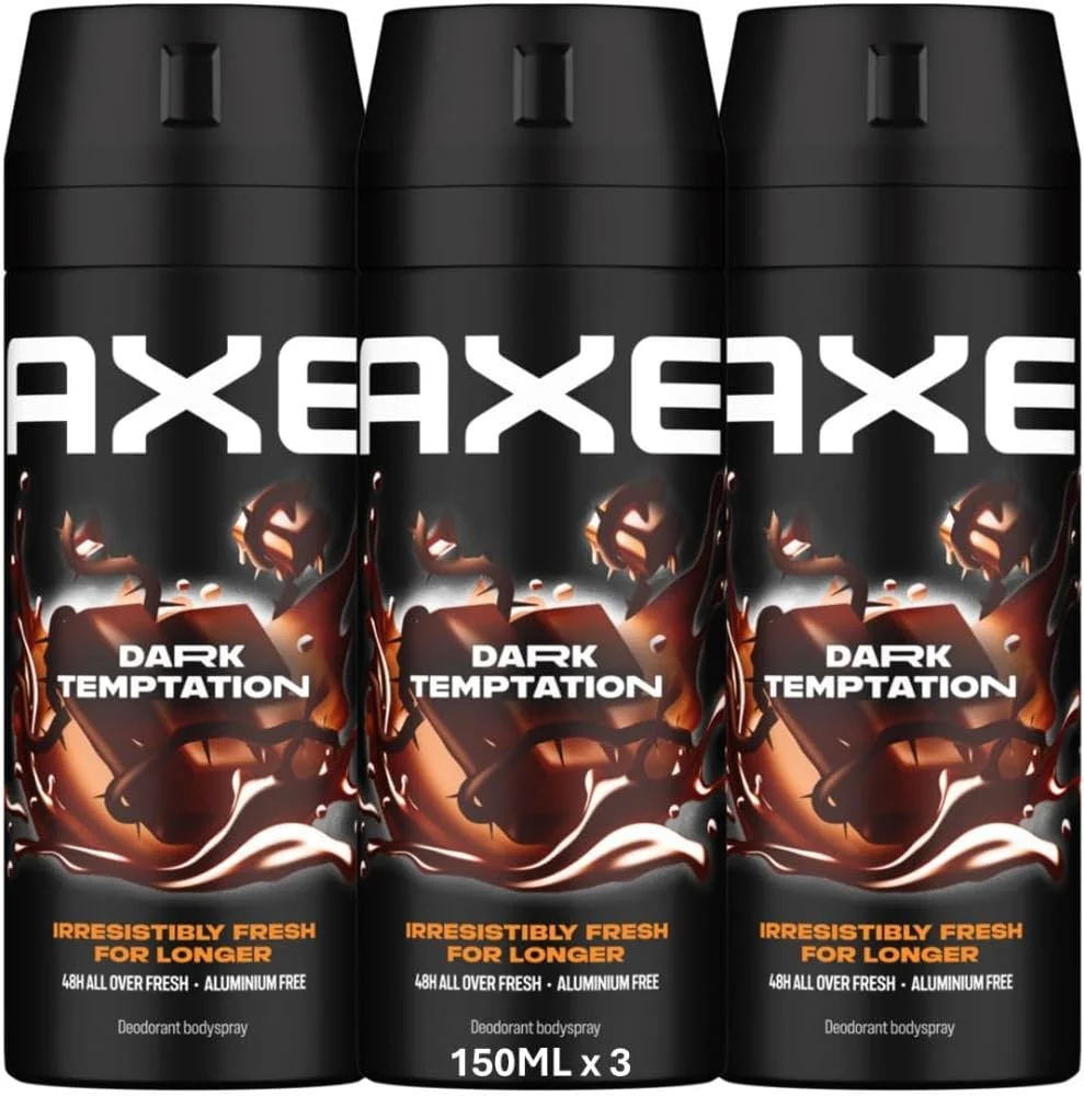 اسپری خوشبو کننده بدن مردانه AXE، طراوت ماندگار، وسوسه تاریک، طراوت 48 ساعته، بدون آلومینیوم، 150 میلی لیتر x 3