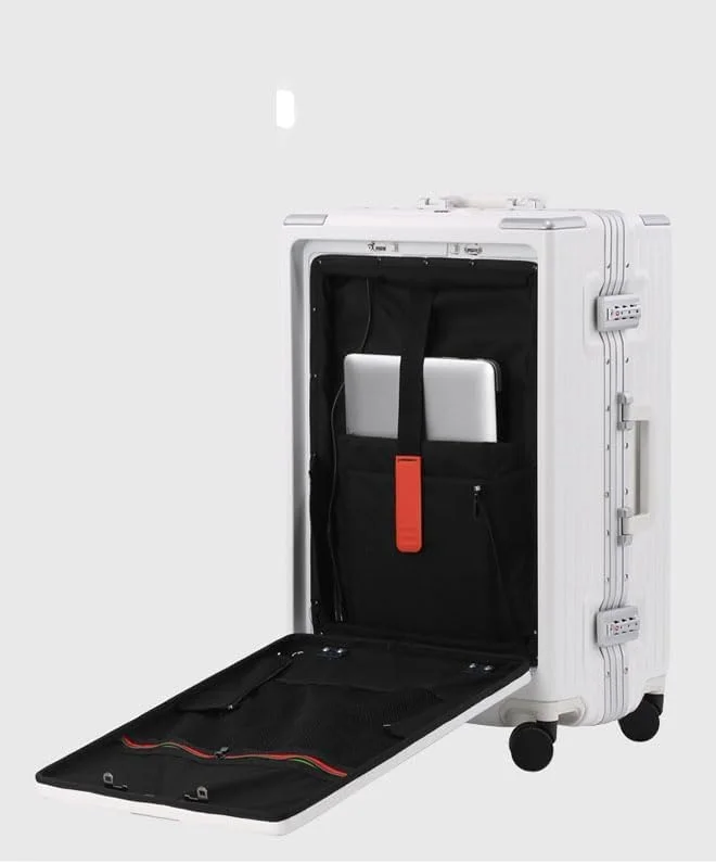 چمدان ممتاز NKX با فریم آلومینیومی قابل گسترش، بدنه ABS و PC، دارای پورت شارژ USB و Type-C و 5 چرخ، سایز 20 اینچ