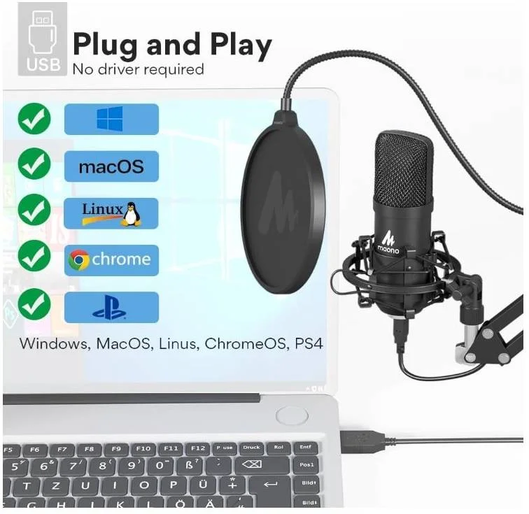 کیت میکروفون استودیویی Maono، اتصال USB، بازوی بوم فنری رومیزی، پاپ فیلتر، کندانسور 16 میلی متری، پاسخ فرکانسی 30 هرتز تا 16 کیلوهرتز، حداکثر SPL 120 دسی بل، مشکی | AU-A04