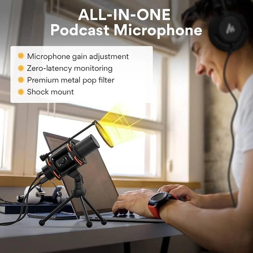 میکروفون USB کامپیوتر Maonocaster Studio Bundle، با دکمه تنظیم گین، پاپ فیلتر فلزی، الگوی کاردیوئید، مانیتورینگ بدون تاخیر برای بازی، استریمینگ، پادکست، یوتیوب، مشکی | AU-PM471TS