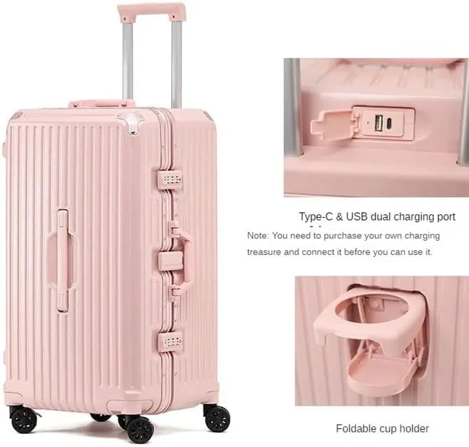 چمدان ممتاز NKX با فریم آلومینیومی قابل گسترش ABS و PC با پورت شارژ USB و نوع C و 5 چرخ، سایز 24 اینچ