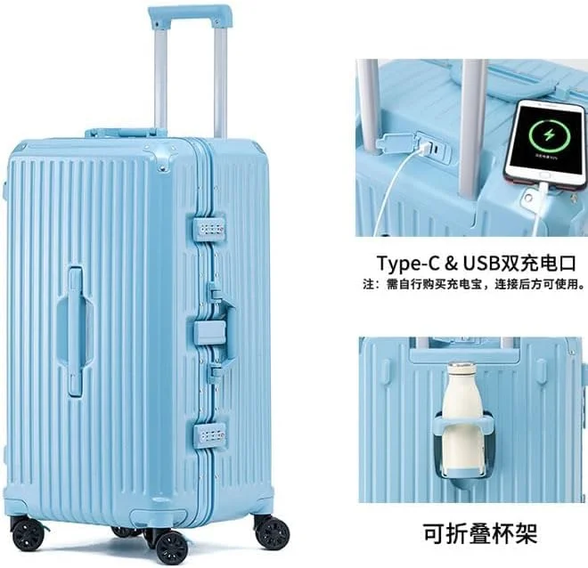 چمدان ممتاز NKX با فریم آلومینیومی قابل گسترش ABS و PC با پورت شارژ USB و نوع C و 5 چرخ، سایز 24 اینچ