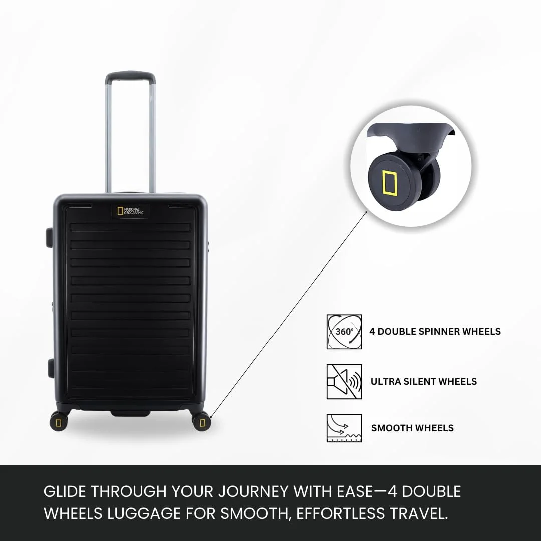 چمدان مسافرتی نشنال جئوگرافیک مدل Cruise، یک عدد، %100 پلی کربنات (PC)، بدنه سخت بادوام و سبک، 4 چرخ دوبل روان، قفل امنیتی اضافه، چمدان/ترولی بزرگ 28 اینچی مشکی