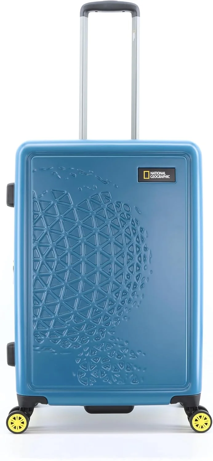 چمدان سایز متوسط چرخدار نشنال جئوگرافیک مدل Globe با بدنه سخت ABS آبی رنگ، چمدان مسافرتی سبک و بادوام، دارای 4 چرخ دوبل و قفل ترکیبی ایمن (60 سانتی متر / 24 اینچ).