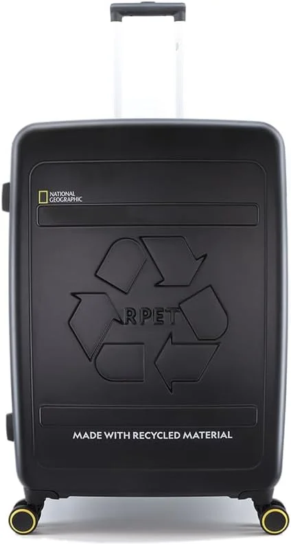 چمدان بزرگ سایز بازرسی سخت پوسته تراز نشنال جئوگرافیک RPET، چمدان مسافرتی بادوام و سبک وزن با قفل ترکیبی TSA، کیف ترولی 4 چرخ گردان بی صدا (سایز 24 اینچ) مشکی.
