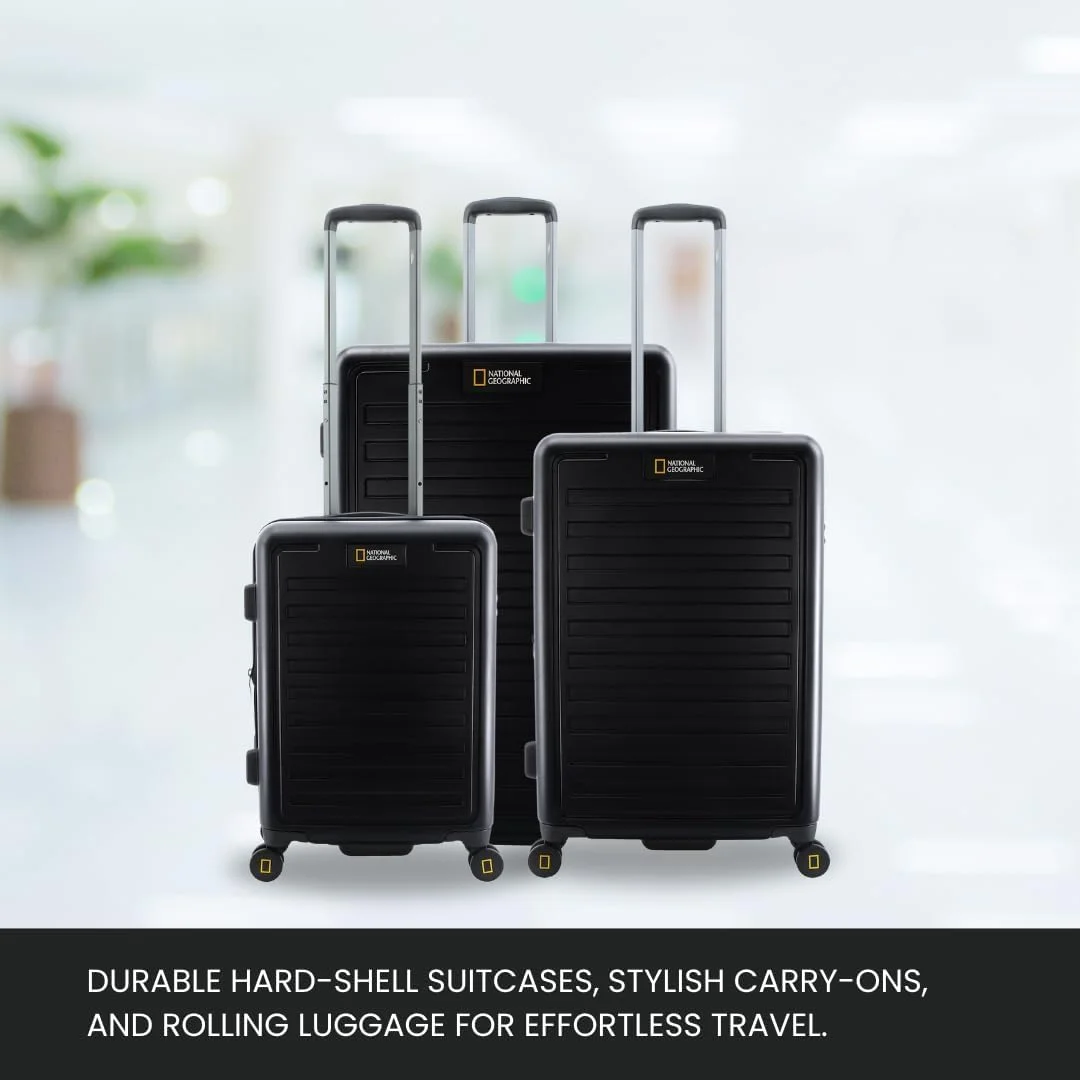 چمدان مسافرتی نشنال جئوگرافیک مدل Cruise، یک عدد، %100 پلی کربنات (PC)، بدنه سخت بادوام و سبک، 4 چرخ دوبل روان، قفل امنیتی اضافه، چمدان/ترولی بزرگ 28 اینچی مشکی
