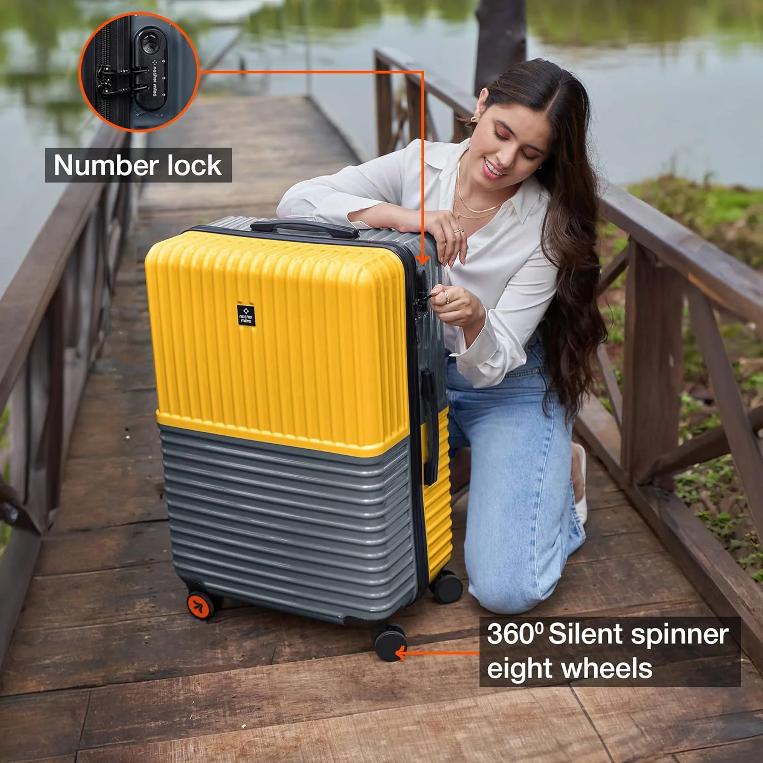 چمدان سایز متوسط نشیر مایلز استانبول، بدنه سخت ABS و پلی کربنات، سایز 24 اینچ | 65 سانتی متر | 8 چرخ، مناسب سفر | چمدان چرخ دار (زرد خاکستری)