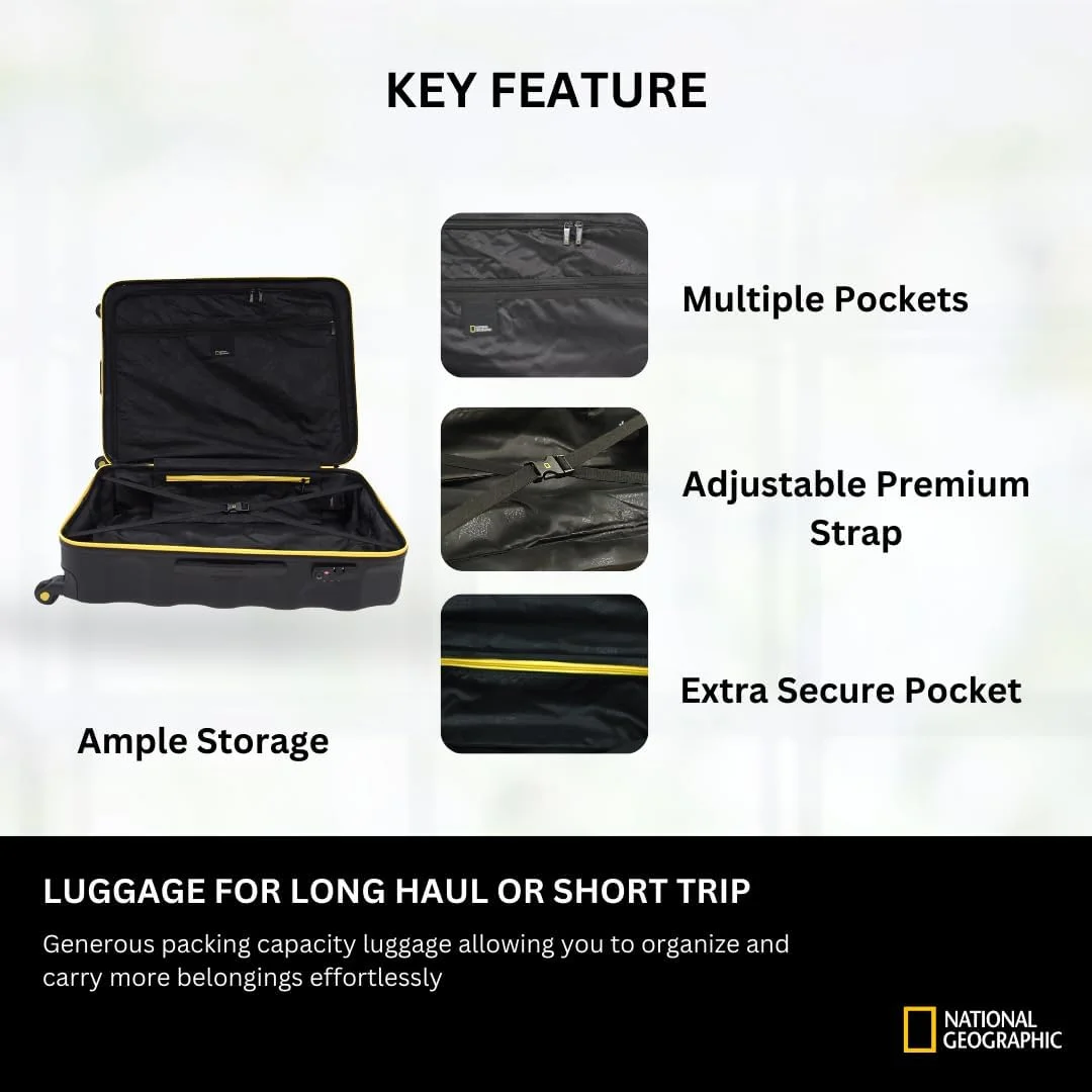 چمدان کابین کوچک سخت بدنه ABS نشنال جئوگرافیک مدل Arete، مشکی، چمدان مسافرتی سبک و بادوام، کیف ترولی 4 چرخ با قفل ترکیبی فوق ایمن (سایز 20 اینچ).